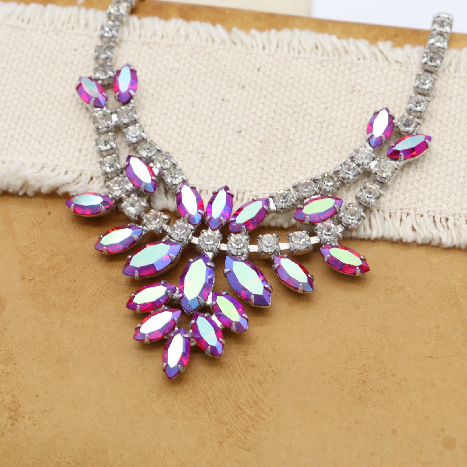 Vtg B. David Rhinestone Necklace Pink AB Red Clear Choker Signed Marquise