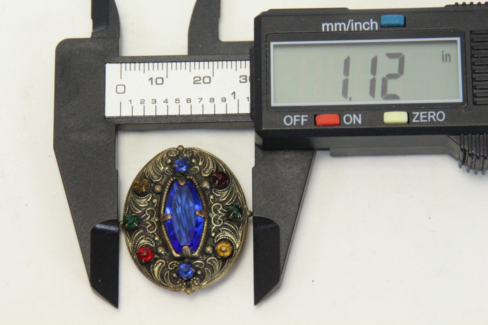 Czech Glass Goldtone Filigree Brooch Art Nouveau Blue Lozenge Fruit Salad