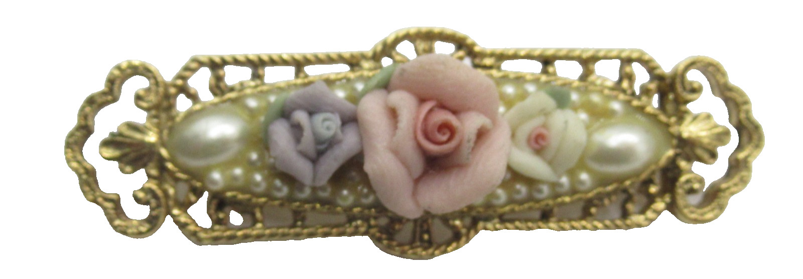 1928 Bar Brooch Porcelain Purple Pink White Rose Faux Pearls Floral Vintage