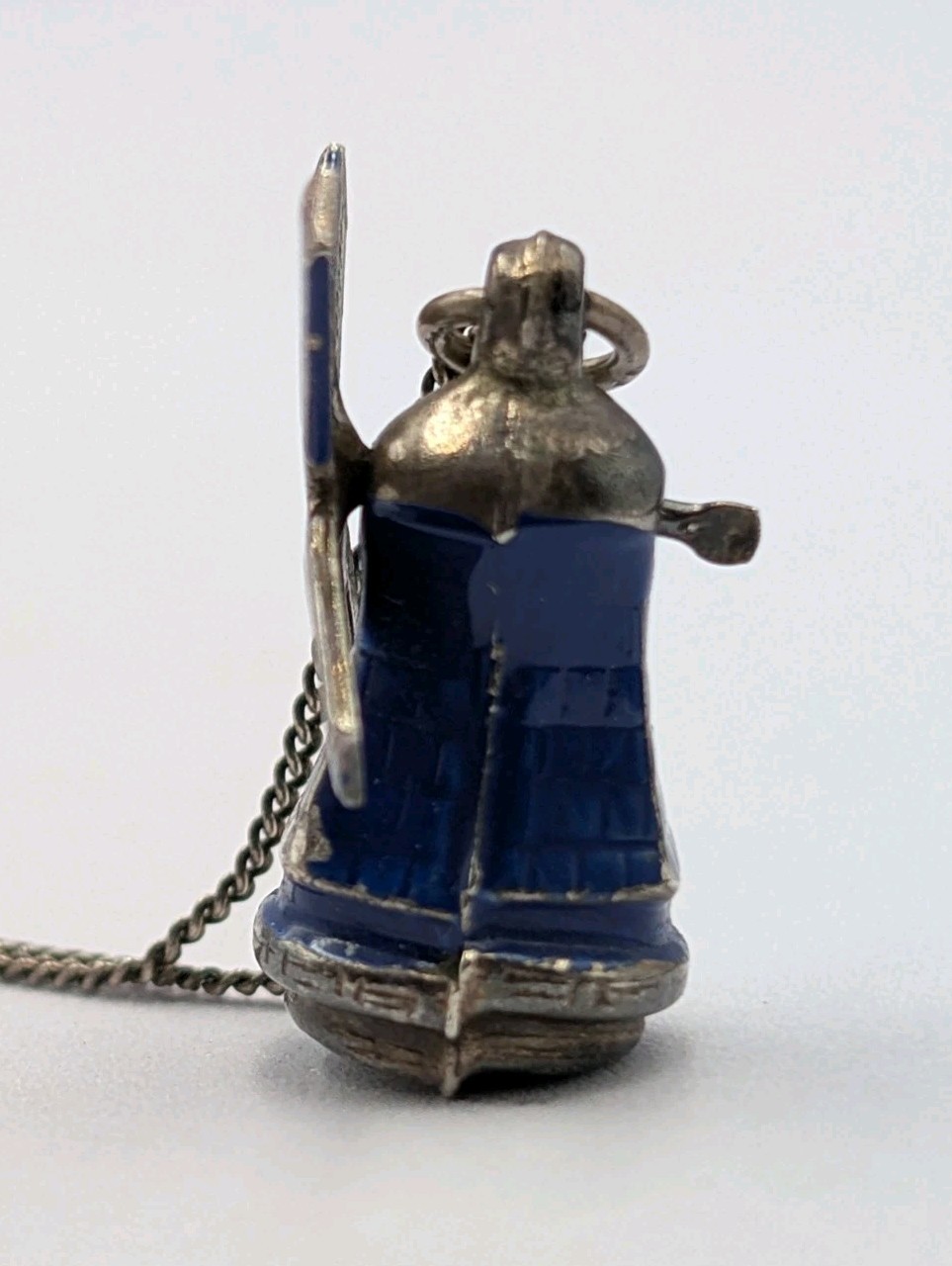 Antique 835 Silver Blue Enamel Articulated Windmill Pendant 16.75″ Curb Necklace