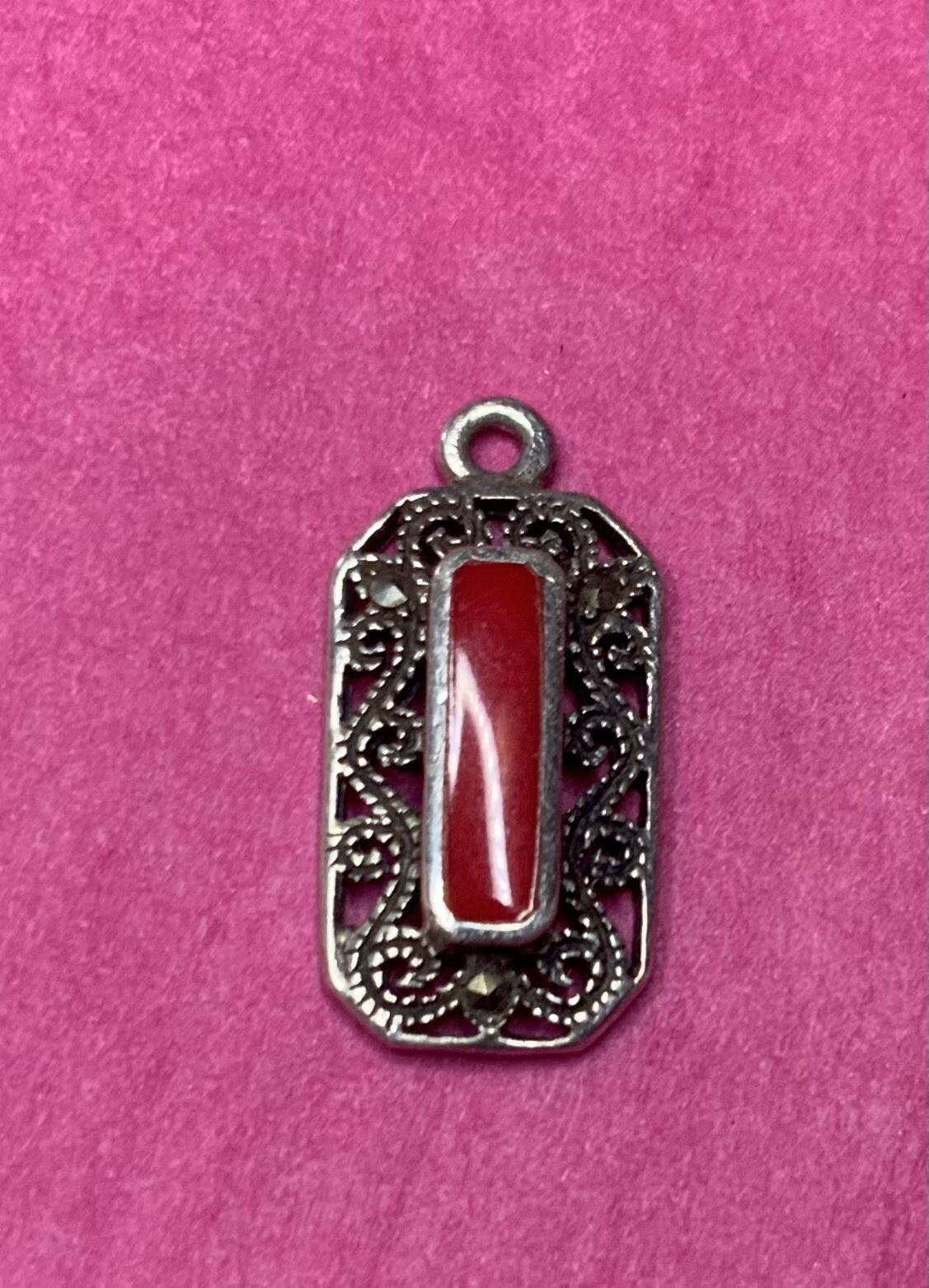 Vintage Sterling Silver Red Coral Marcasite Pendant Rectangle Charm 1.6