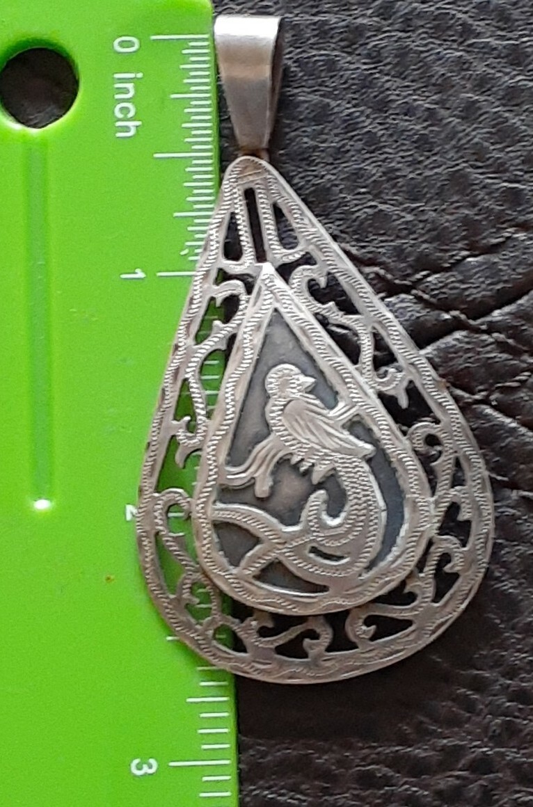 Vintage Guatemala 900 Silver Bird Of Paradise Pendant Earrings Set