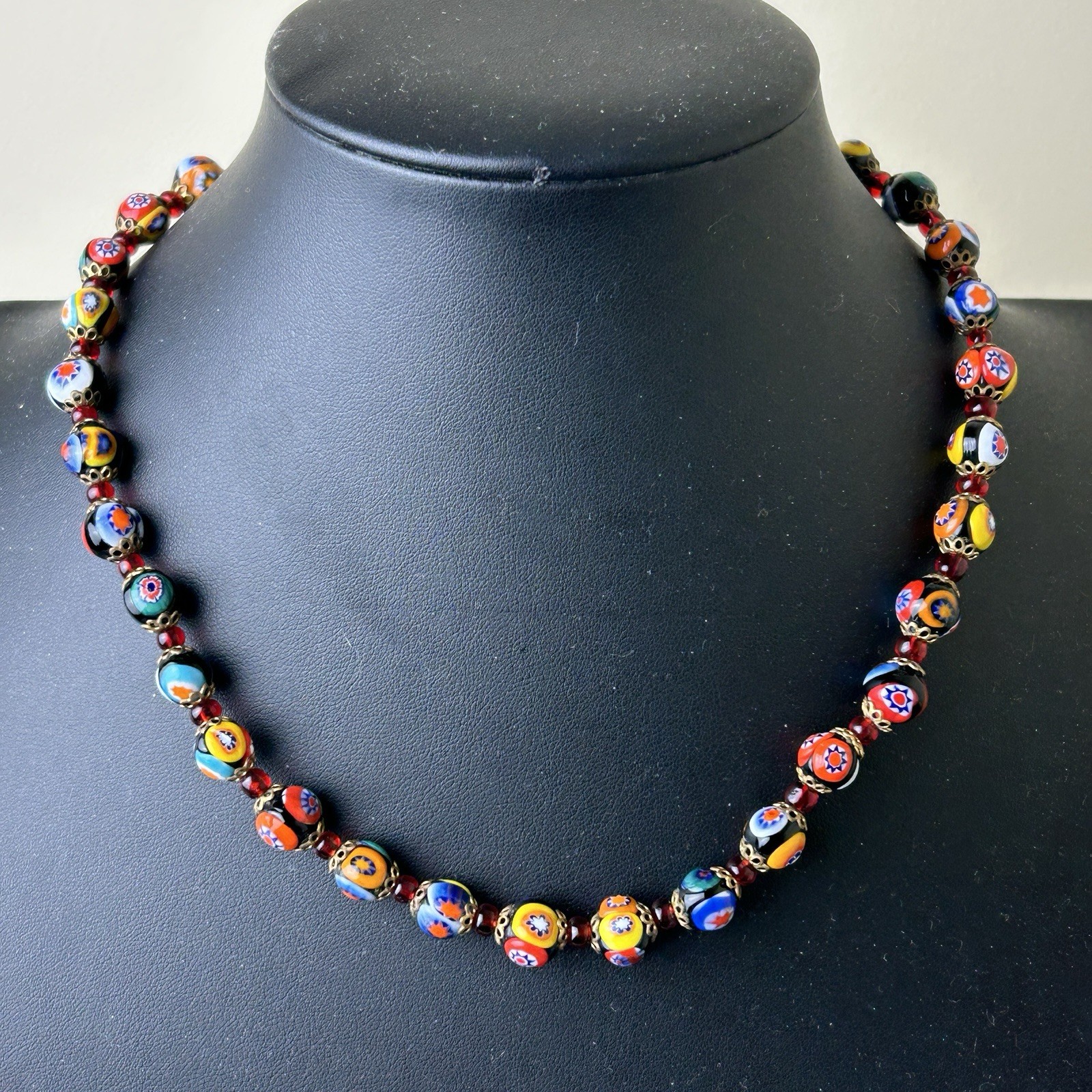 Millefiori Murano Venetian Glass Bead Necklace Italy Barrel 9 mm 17.5″ Long VTG