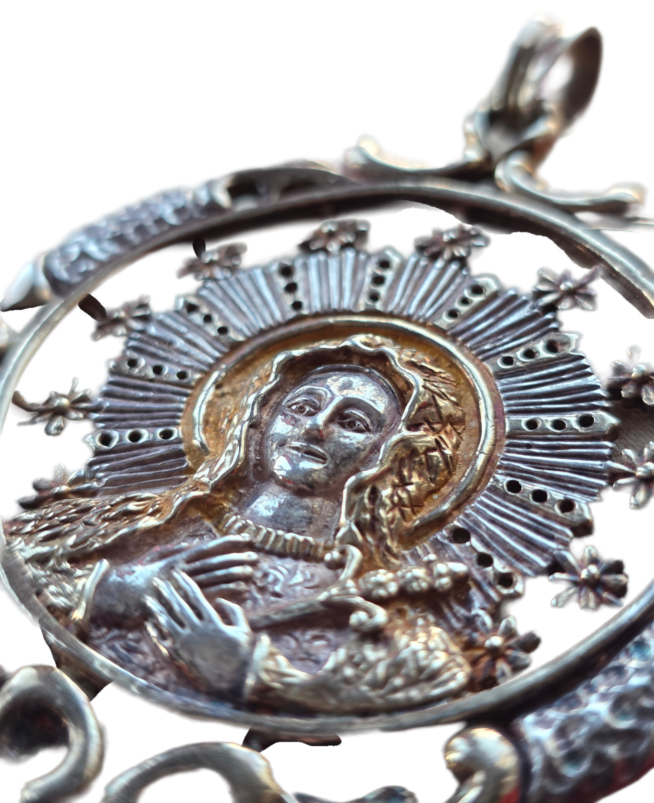 Exceptional antique solid silver Virgin Mary medallion in high relief —t Ca 1890
