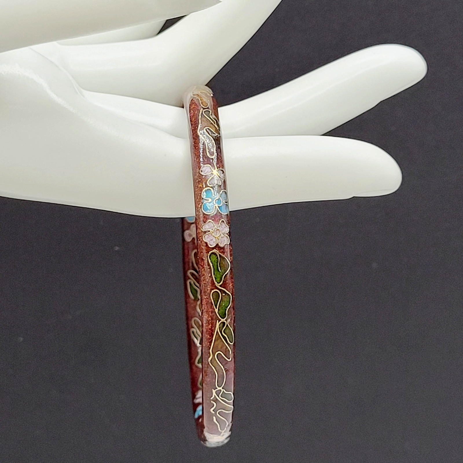 Cloisonné Deep Red Enamel Floral Hand Painted Asian Inspired Bangle Bracelet