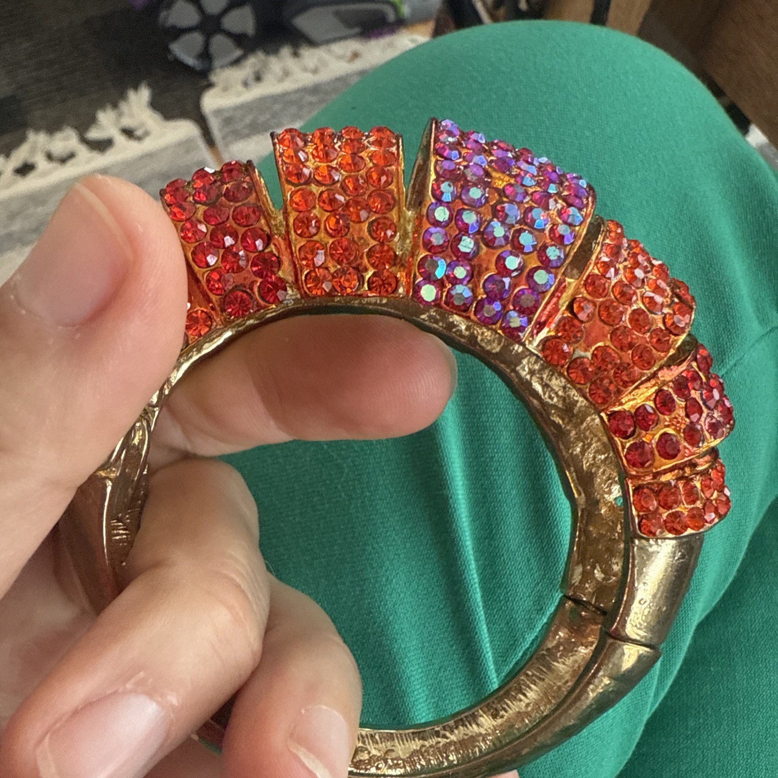Vintage Hinged Cuff Bracelet Red Orange Fuchsia Rhinestone Crystal 1980s