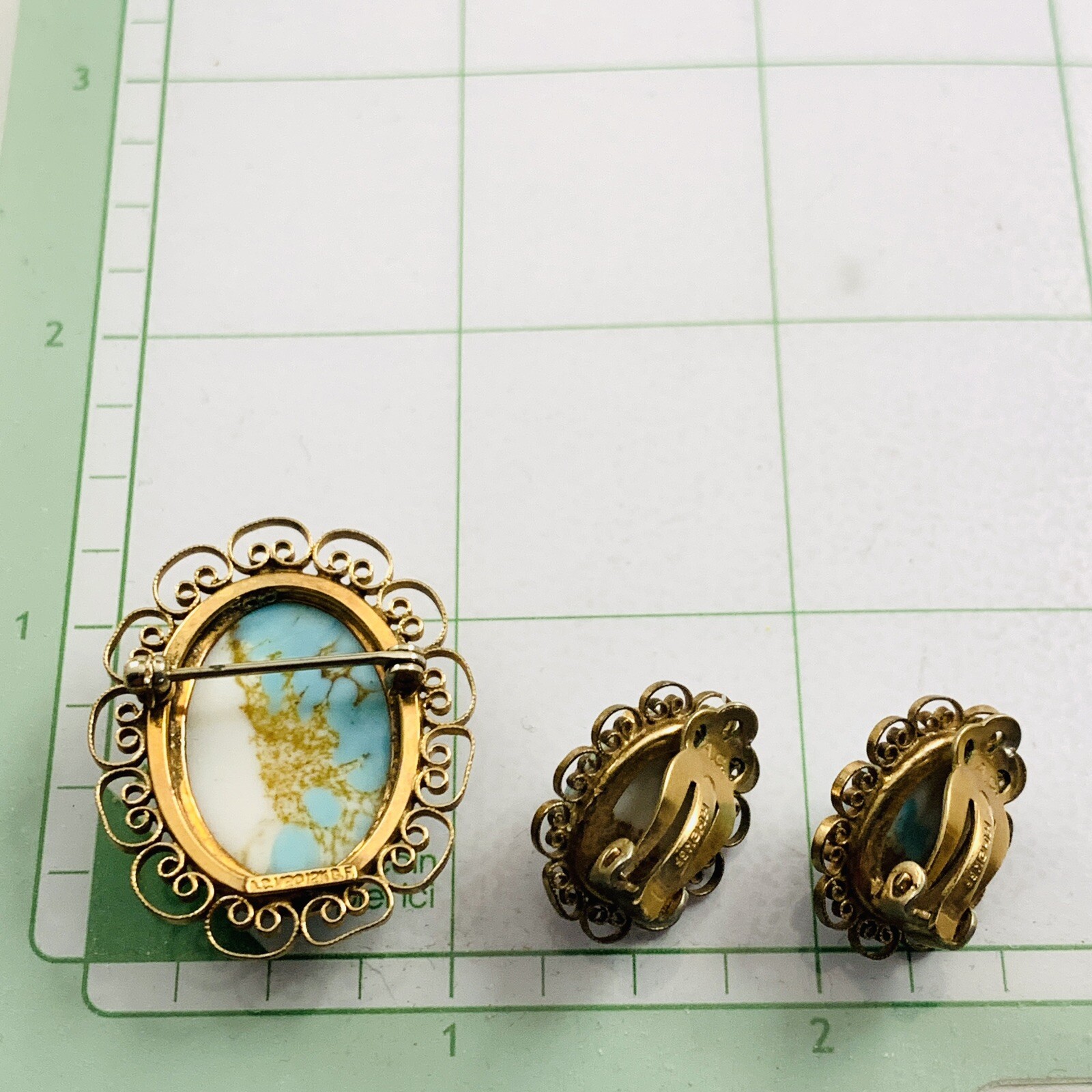 VTG Faux Turquoise Glass Signed AC 1/20th 12K GF Brooch & Clip on Earring Set