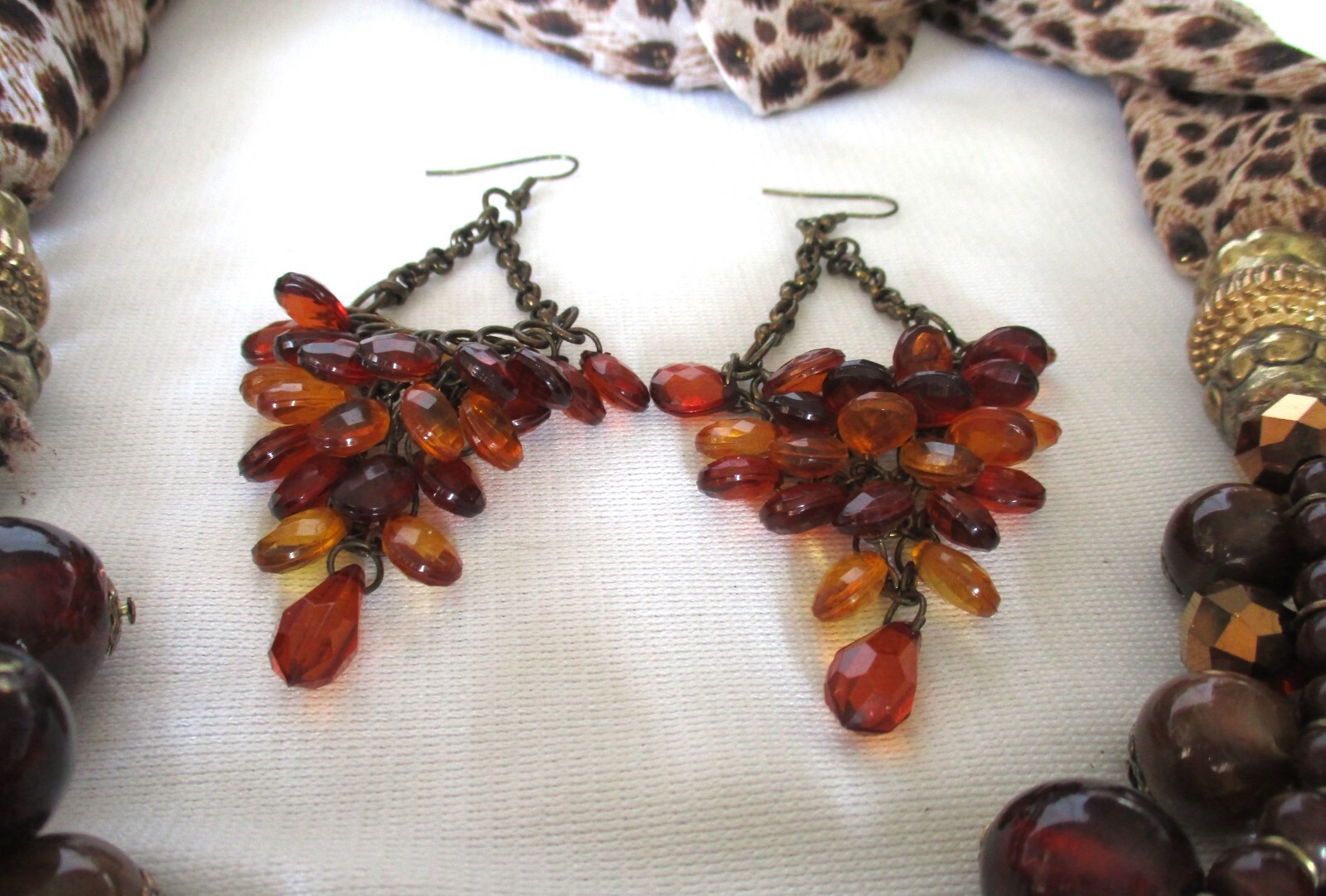 Elegant Golden Brown Aurora Crystal & Acrylic Bead Necklace & Pierced Earrings