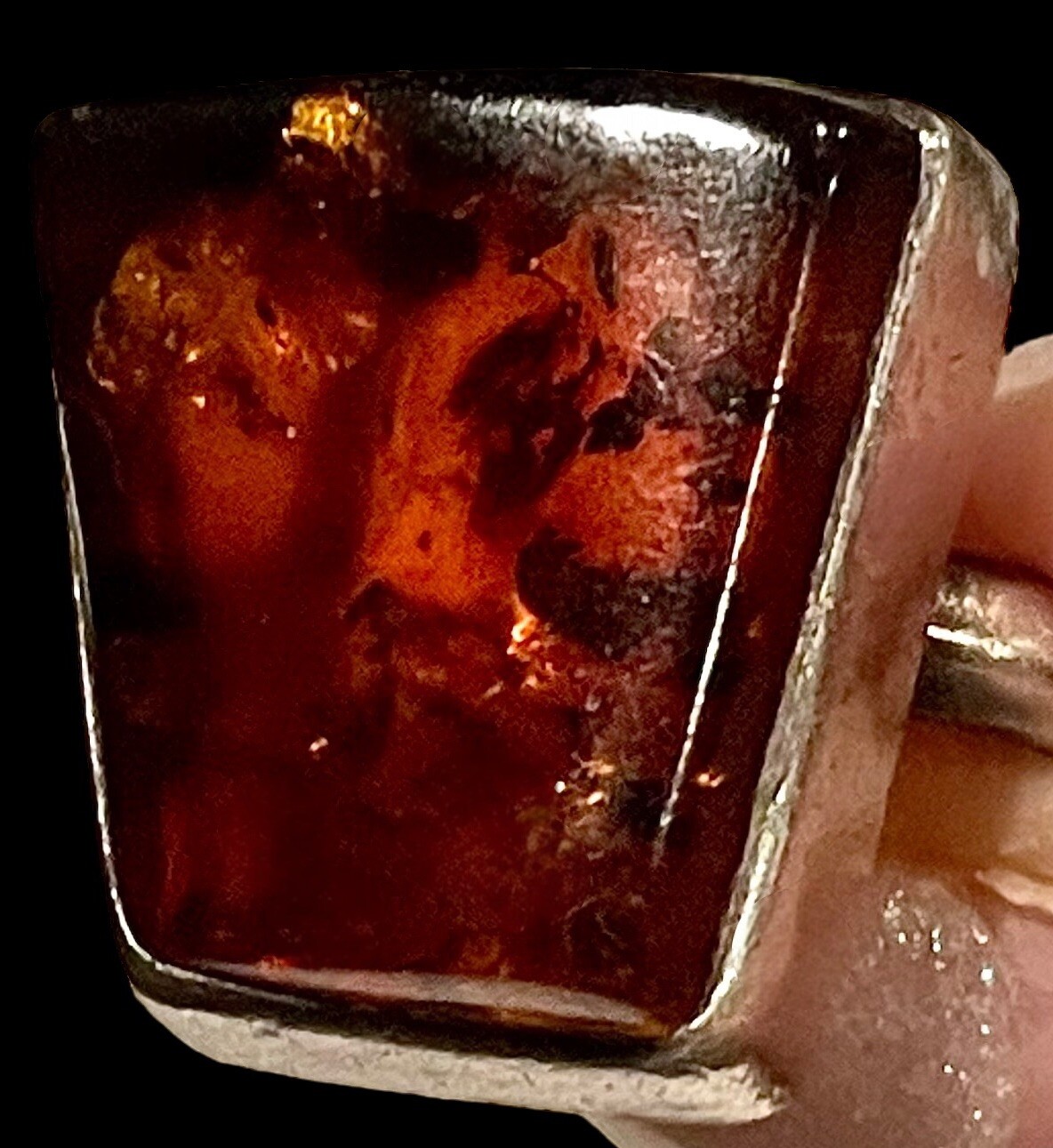 Vintage Baltic Sea COGNAC AMBER Ring Sz 6 Brutalist Sterling Silver 10g Nice EUC