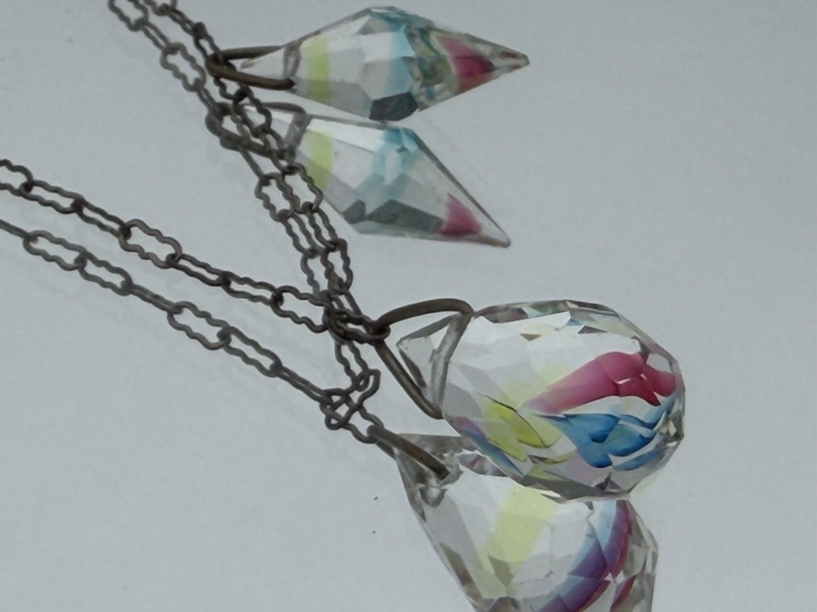 Antique Art Deco Czech Iris Crystal Rainbow Bicone Dangle 17.5″ Necklace