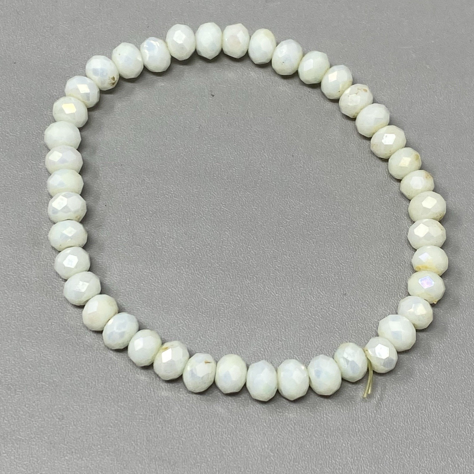 White Glass Bead Bracelet Stretch Faceted Fire Polished Surface Coated 7″