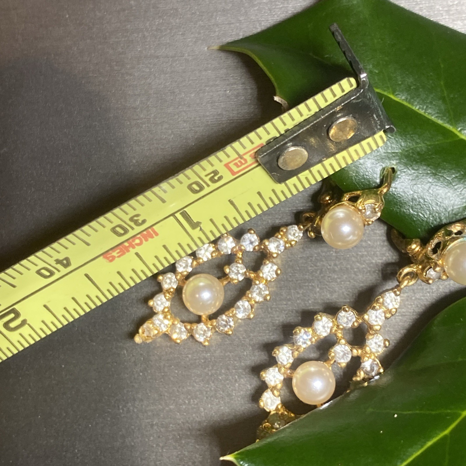 Vintage Pearl Earrings Estate Jewelry Pre-owned Gold Plated Crystal Lozenge Drop