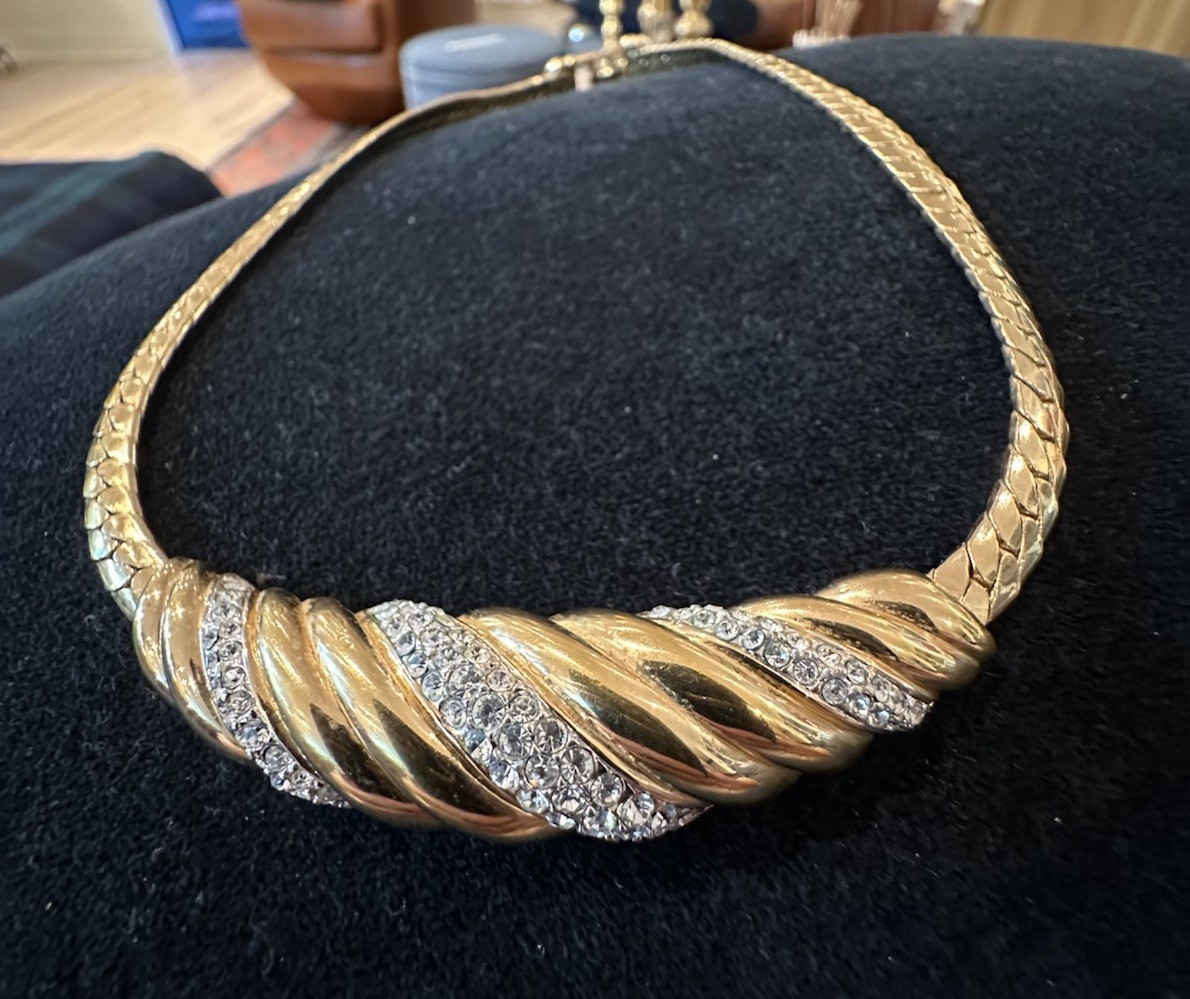 Vintage Swarovski Diamanté Ribbed Ribbon Gold Plated Runway Collar/Mob Wife/Glam