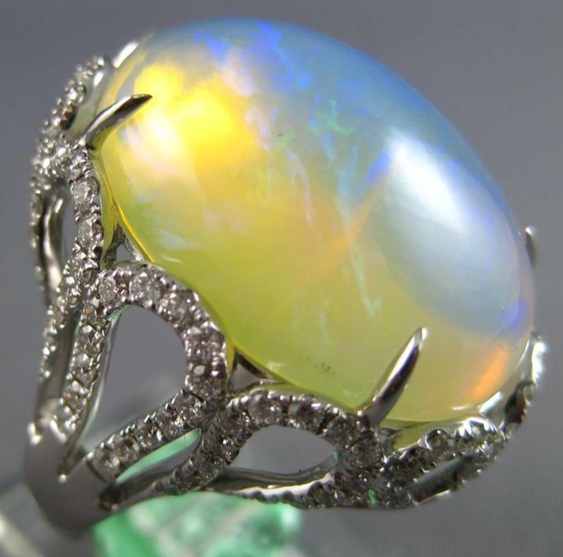 EXTRA LARGE 14.03CT DIAMOND & AAA AUSTRALIAN OPAL 14KT WHITE GOLD OVAL FUN RING