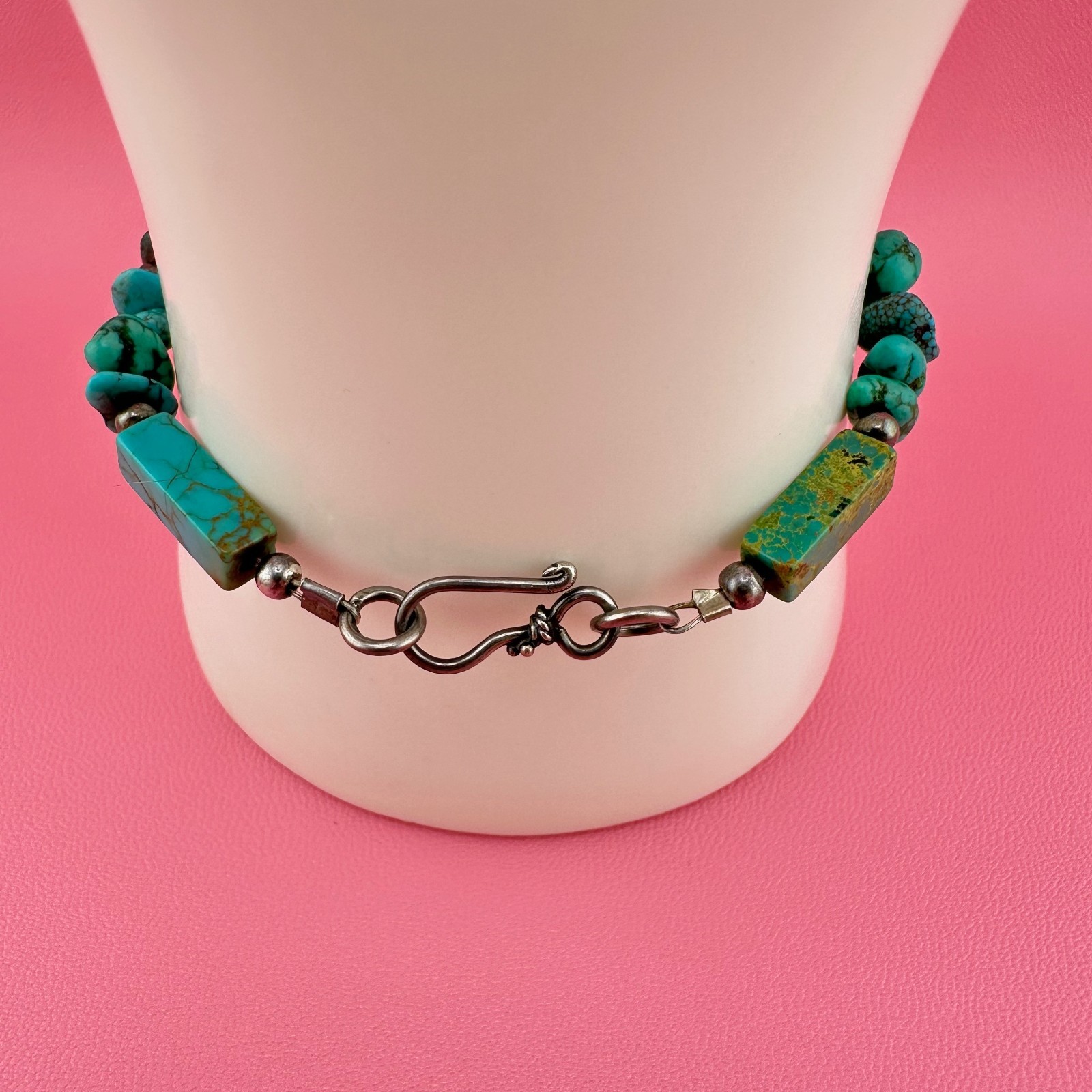 Vintage Turquoise Bead Sterling Silver Bracelet Blue Green South Western 6.25″