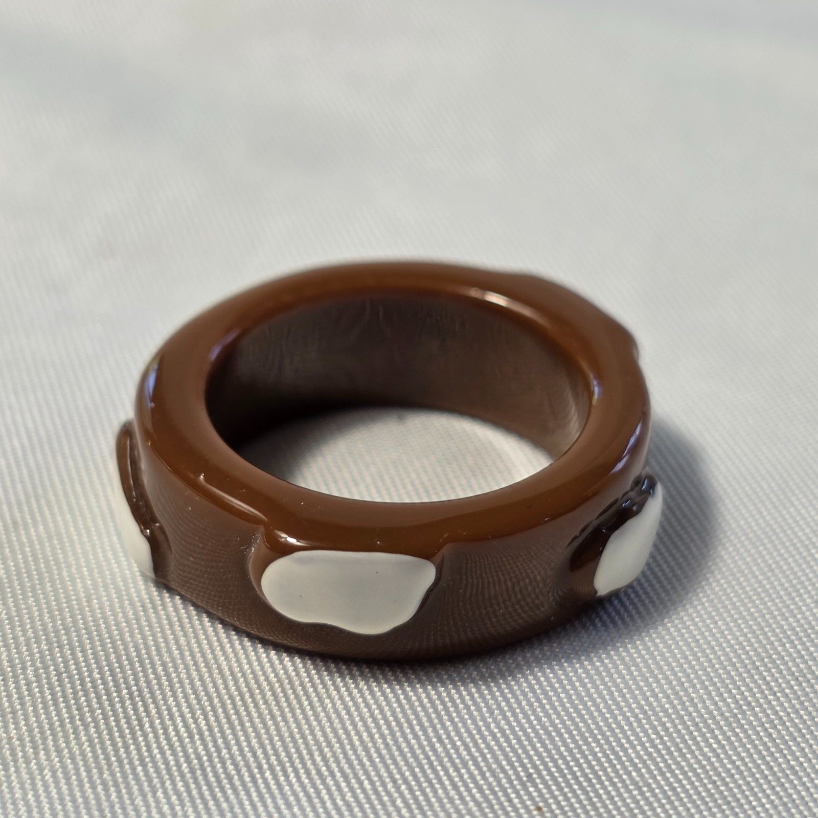 Chunky Brown & White Cow Print Resin Ring Smooth Band with Raised White Spots