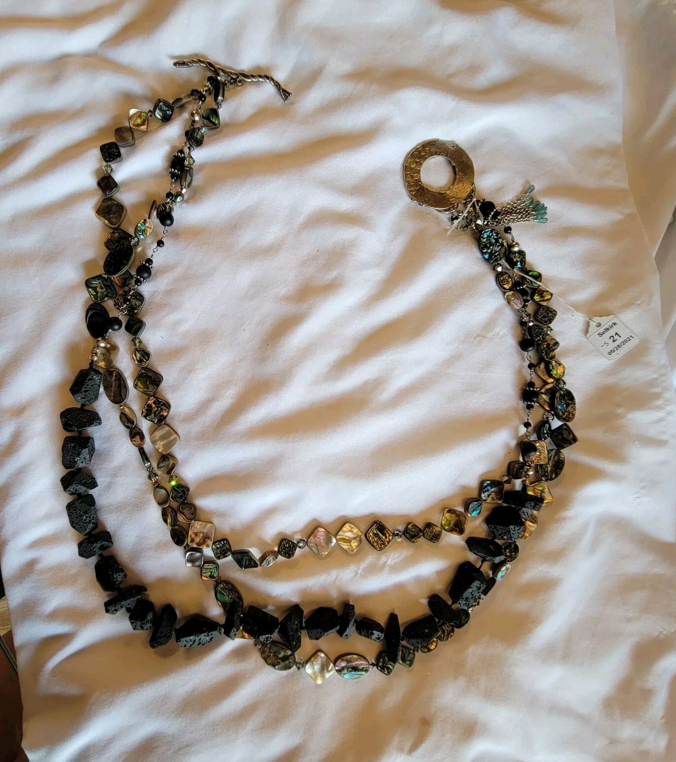 Vtg Lava Rock Mother of Pearl MOP Multi Strand Statement Necklace Signed Bob