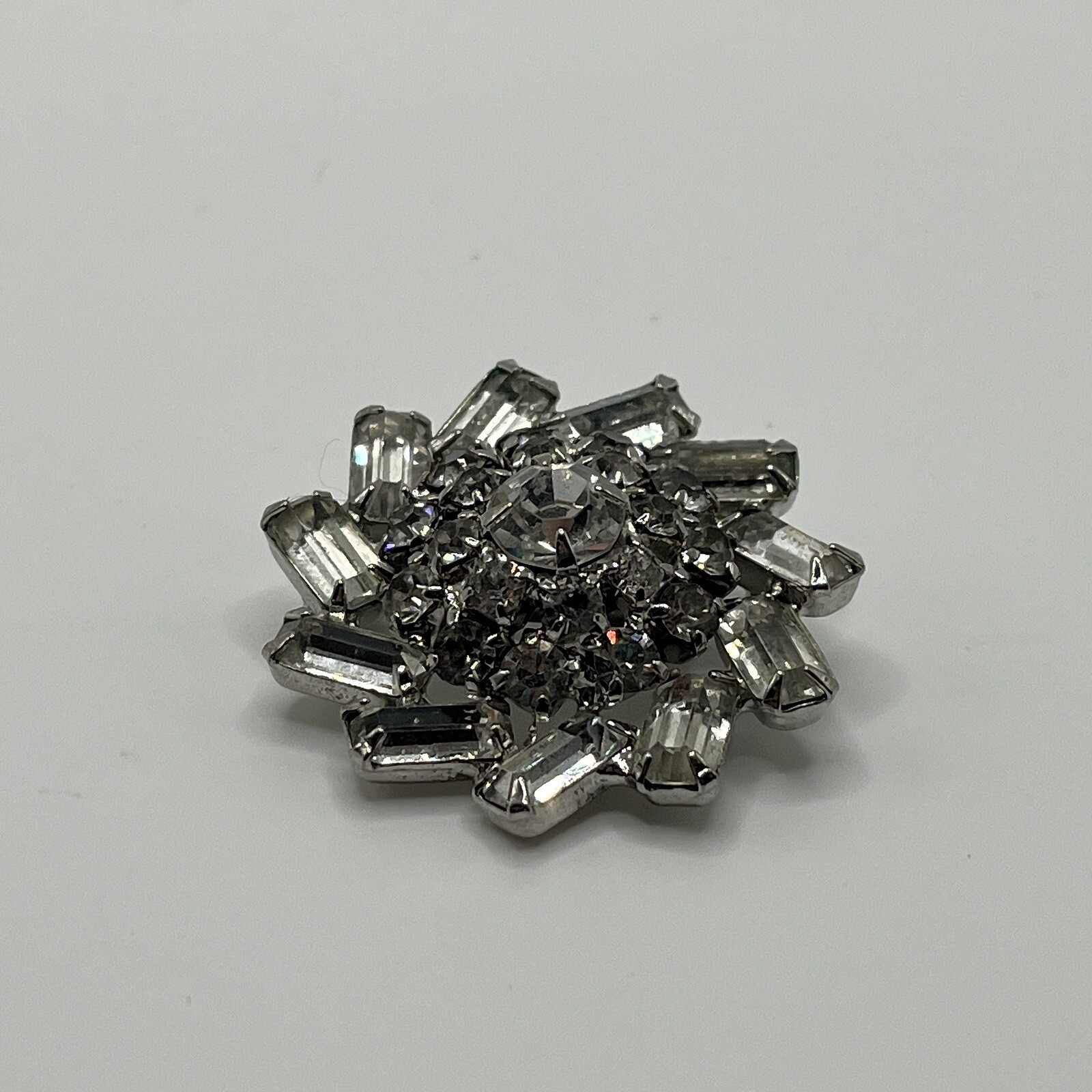 Vintage Emerald Cut and Round Clear Rhinestone Multi-Tiered Prong Set Brooch Pin