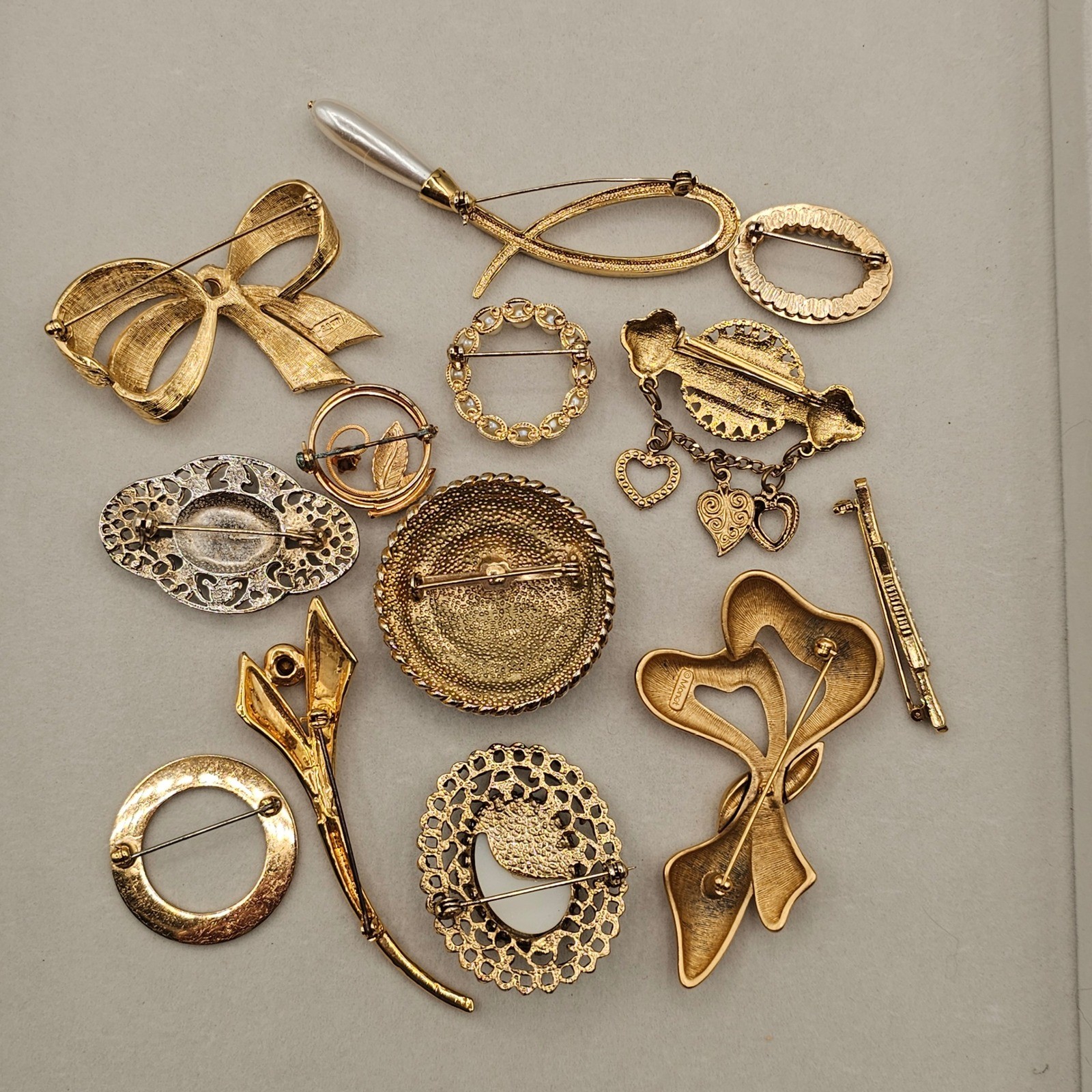 Gold Tone Brooch Lot 13pc Gold Tone Faux Pearl Enamel Rhinestone Avon Monet Pins