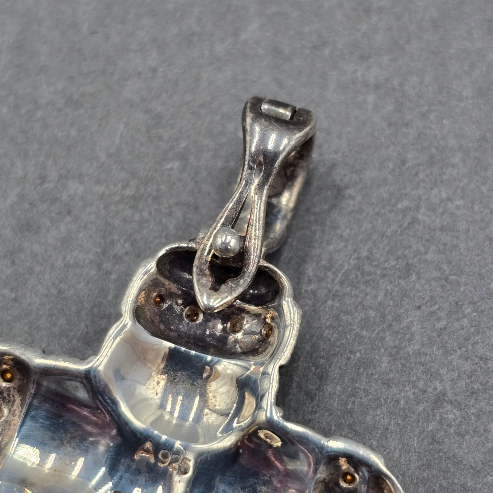 Vintage Sterling Silver Maltese Cross Marcasite Quartz Enhancer Pendant 1.5″