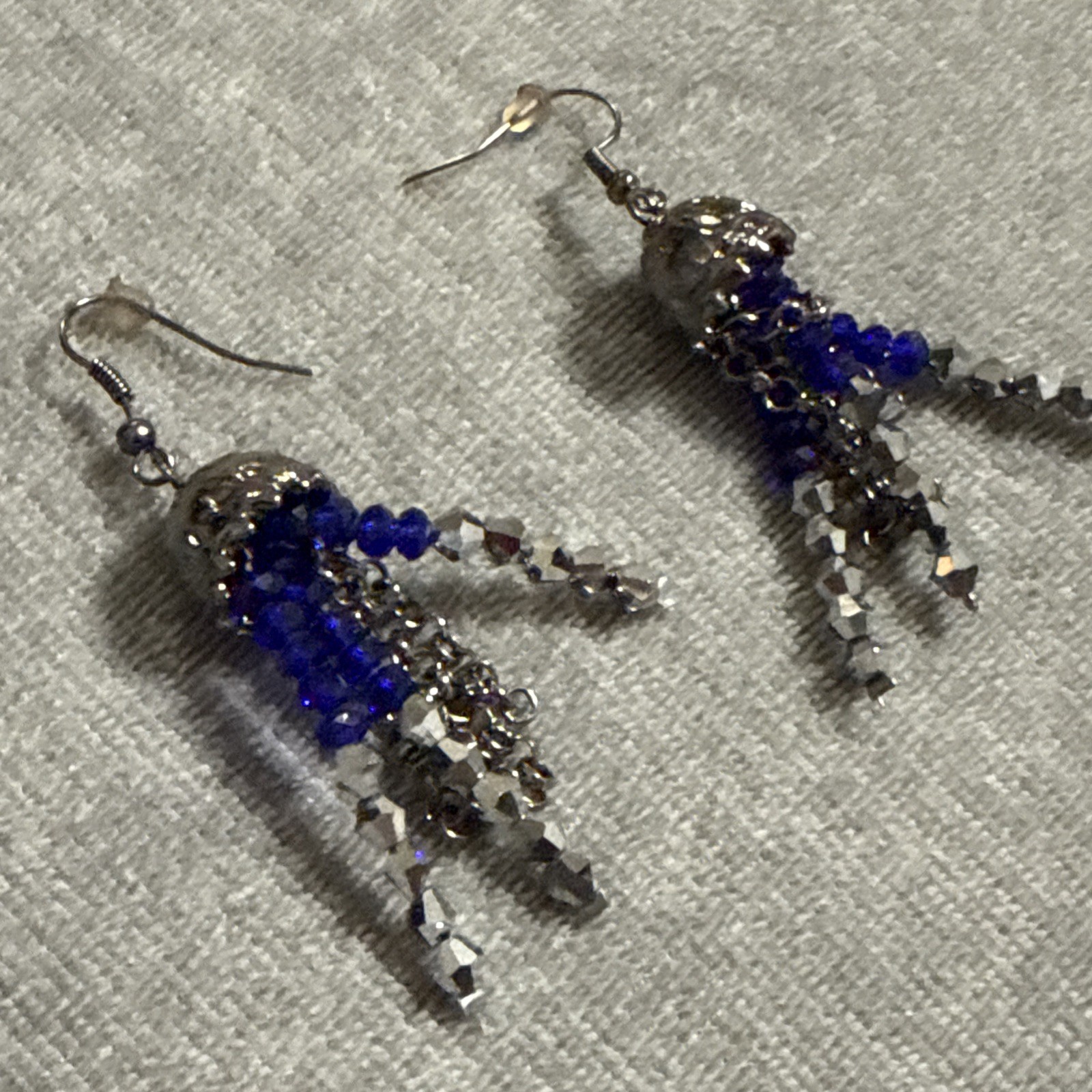 Vintage Silver Chain Artisan Blue Crystal Faceted Bead Fringe Statement Earrings