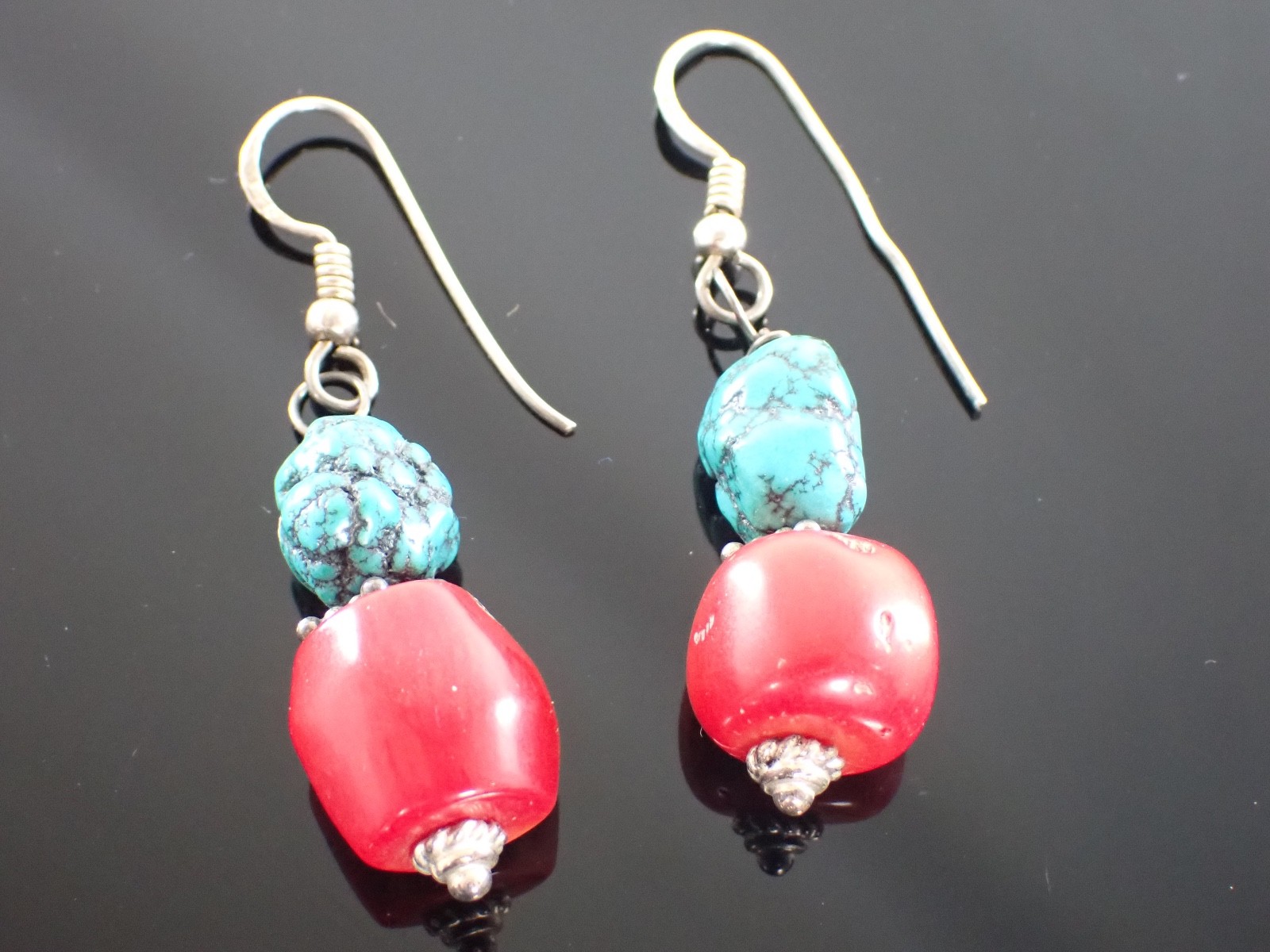 Vintage Sterling Drop Earrings Red Bead & Turquoise Matrix Stones Artisan