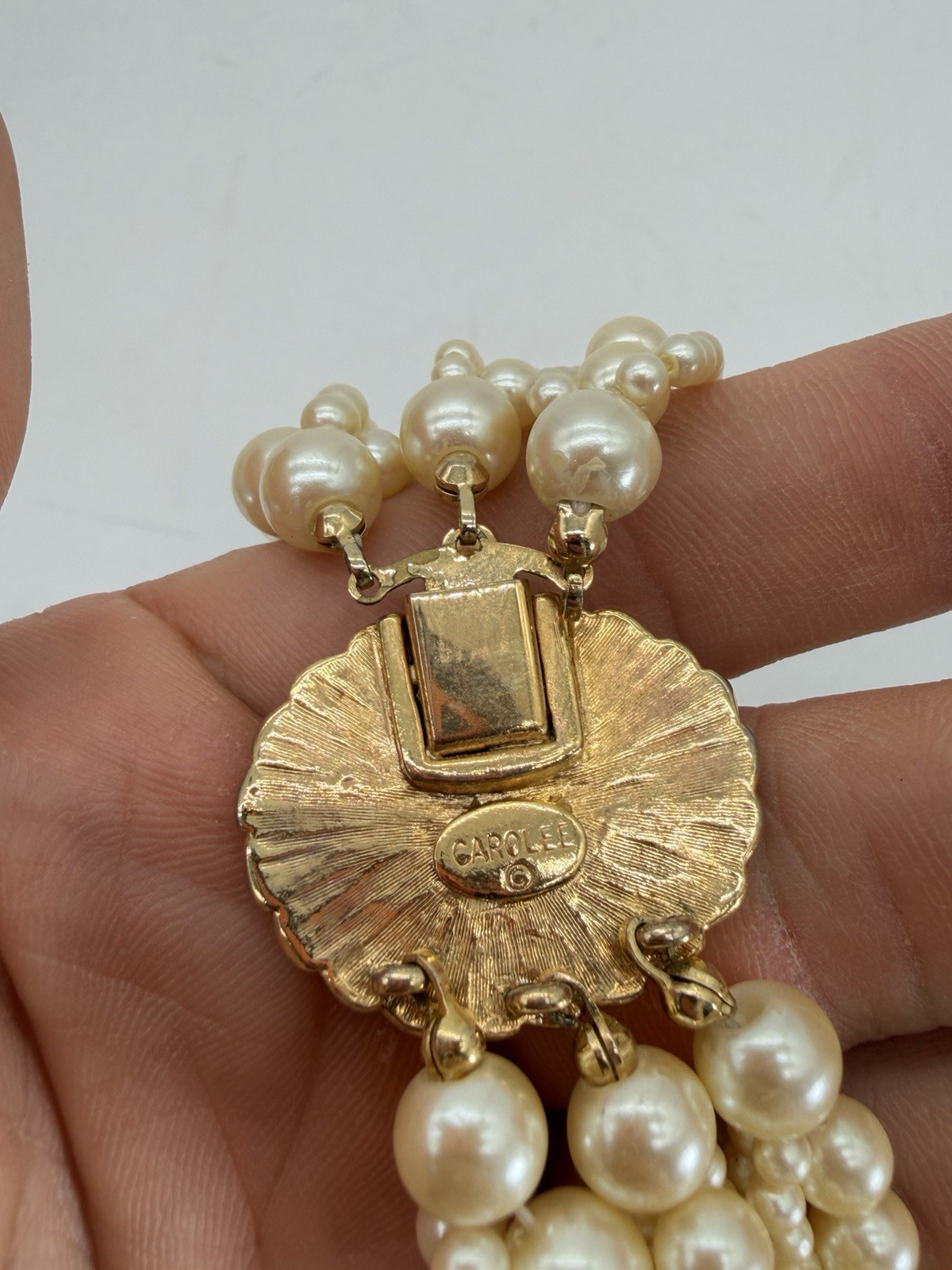 Vintage Carolee 9 Strand Off White Pearl 17” Gold Tone Clasp Necklace RARE