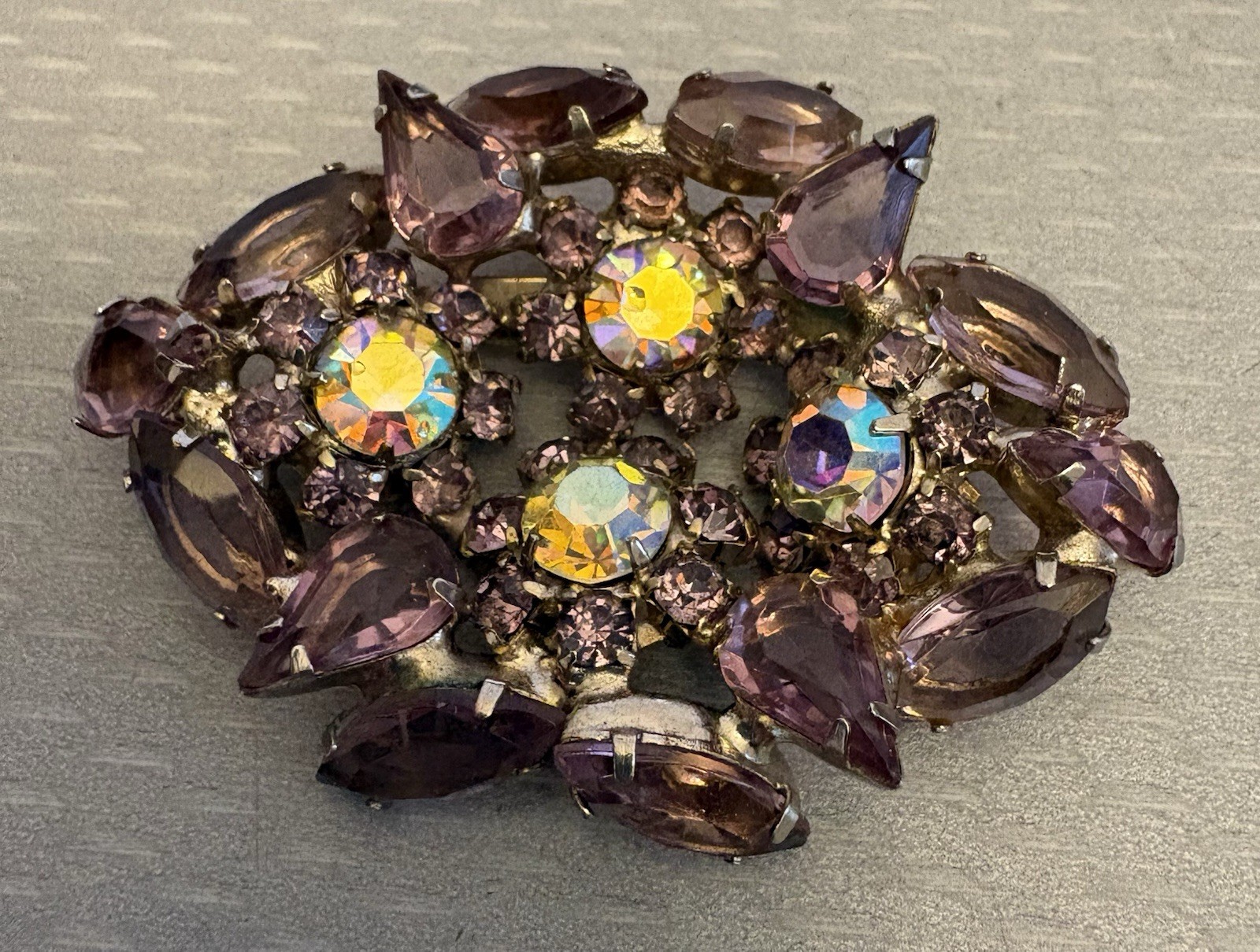 Vintage Smoky Lavendar AB Rhinestone Brooch Open Back Prong Set Cluster unsigned