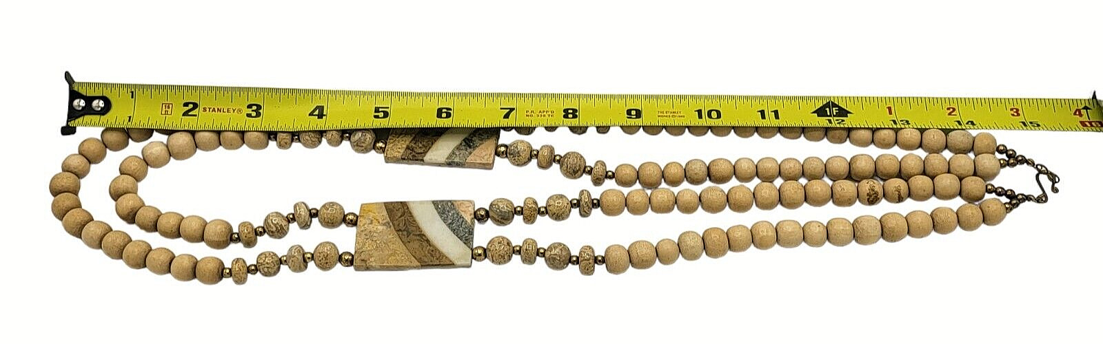 Vintage Necklace Wooden Beaded Ceramic Tile 30 Inches
