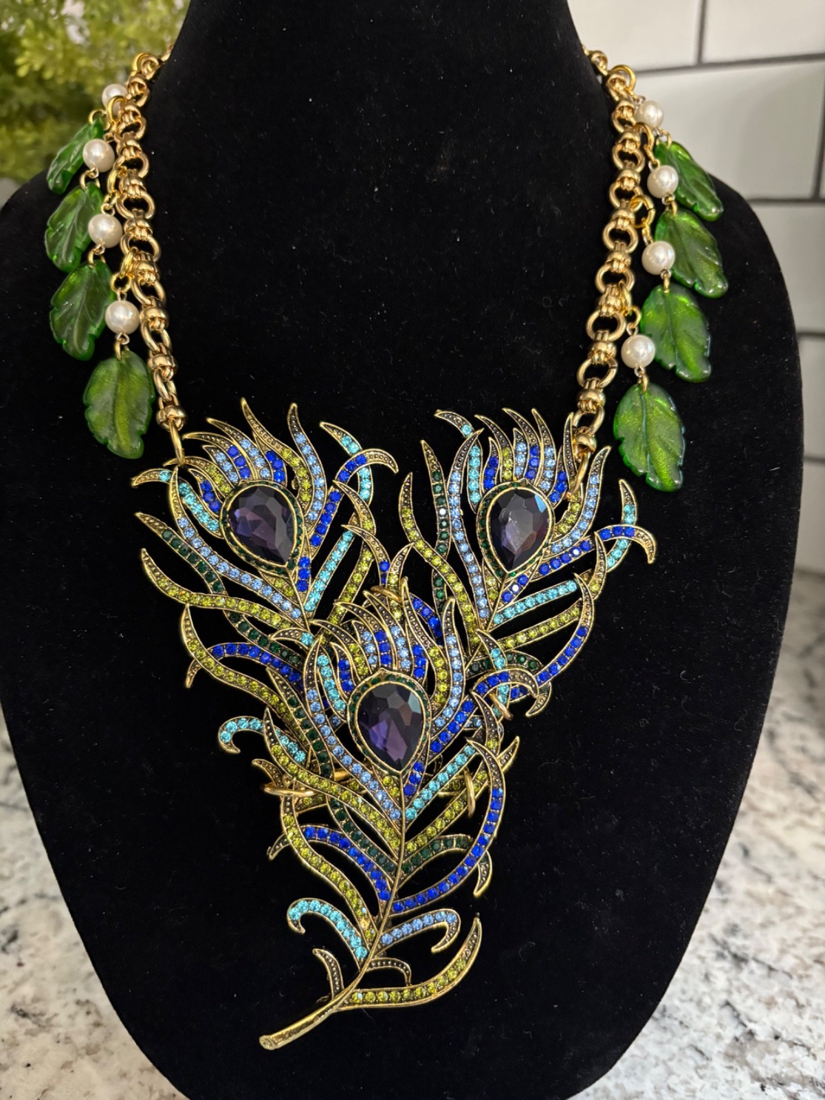 Triple Rhinestone Peacock Feather Statement Necklace-Repurposed & 1 of a Kind!