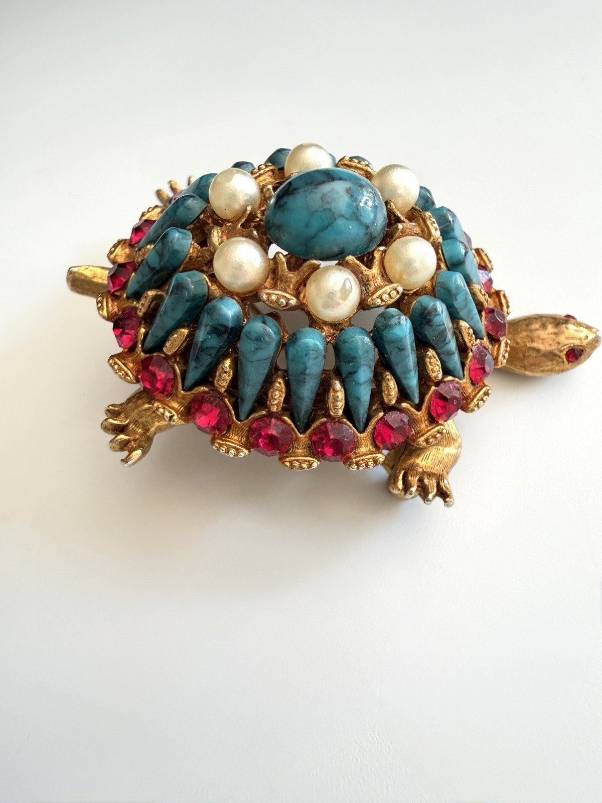 HAR Turtle Brooch Pin Rare Mid Century Turquoise Tiered Rhinestone Statement!!
