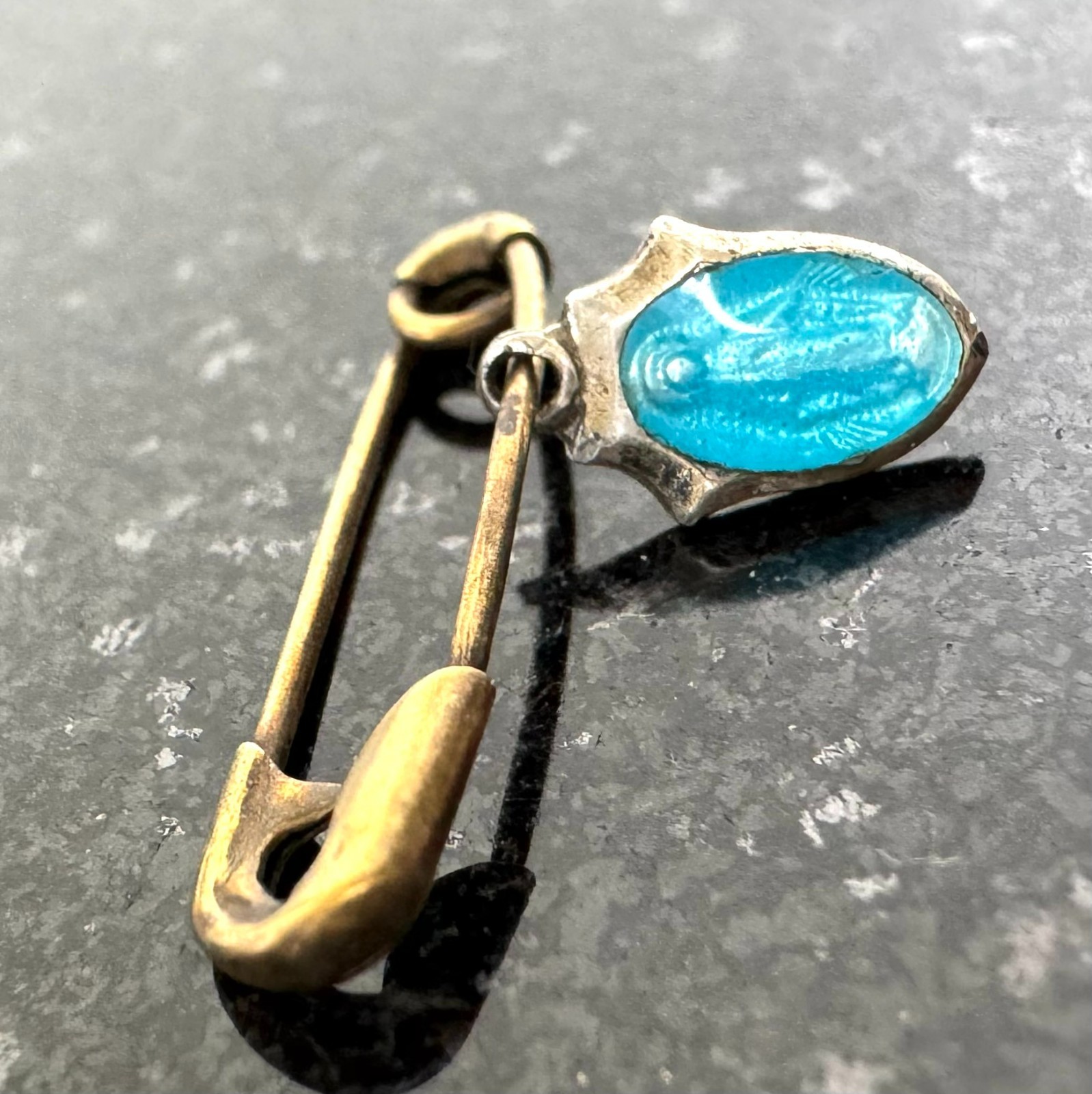 Vintage Religious Protection Pin Sterling Silver Blue Medal Charm