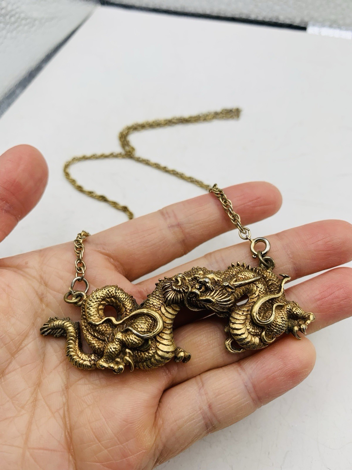 Vintage Alva Museum Replica Gold Tone Menuki Asian Japanese Dragon 18” Necklace