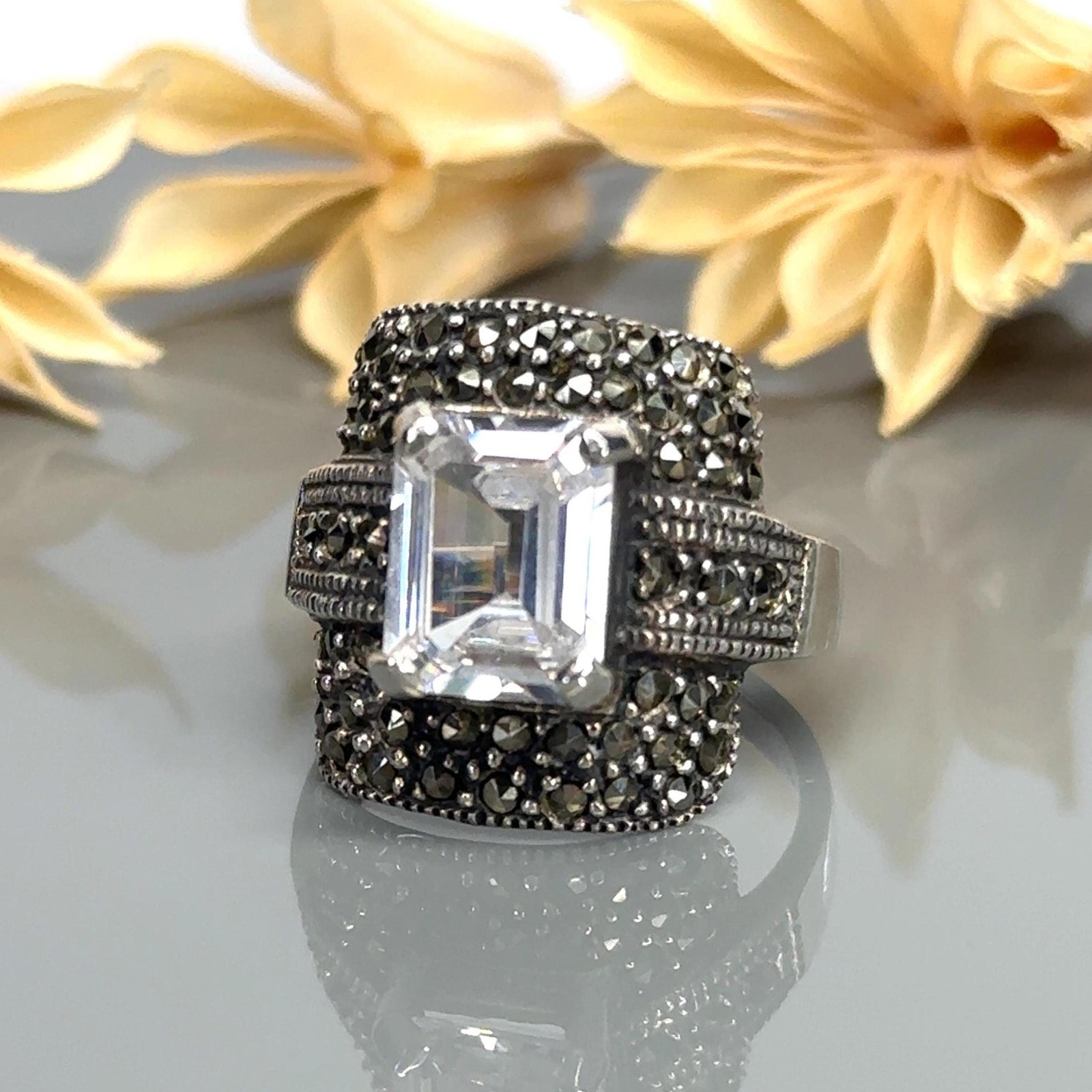 Emerald Cut CZ and Marcasite Sterling Silver Engagement Ring – Size 7.5