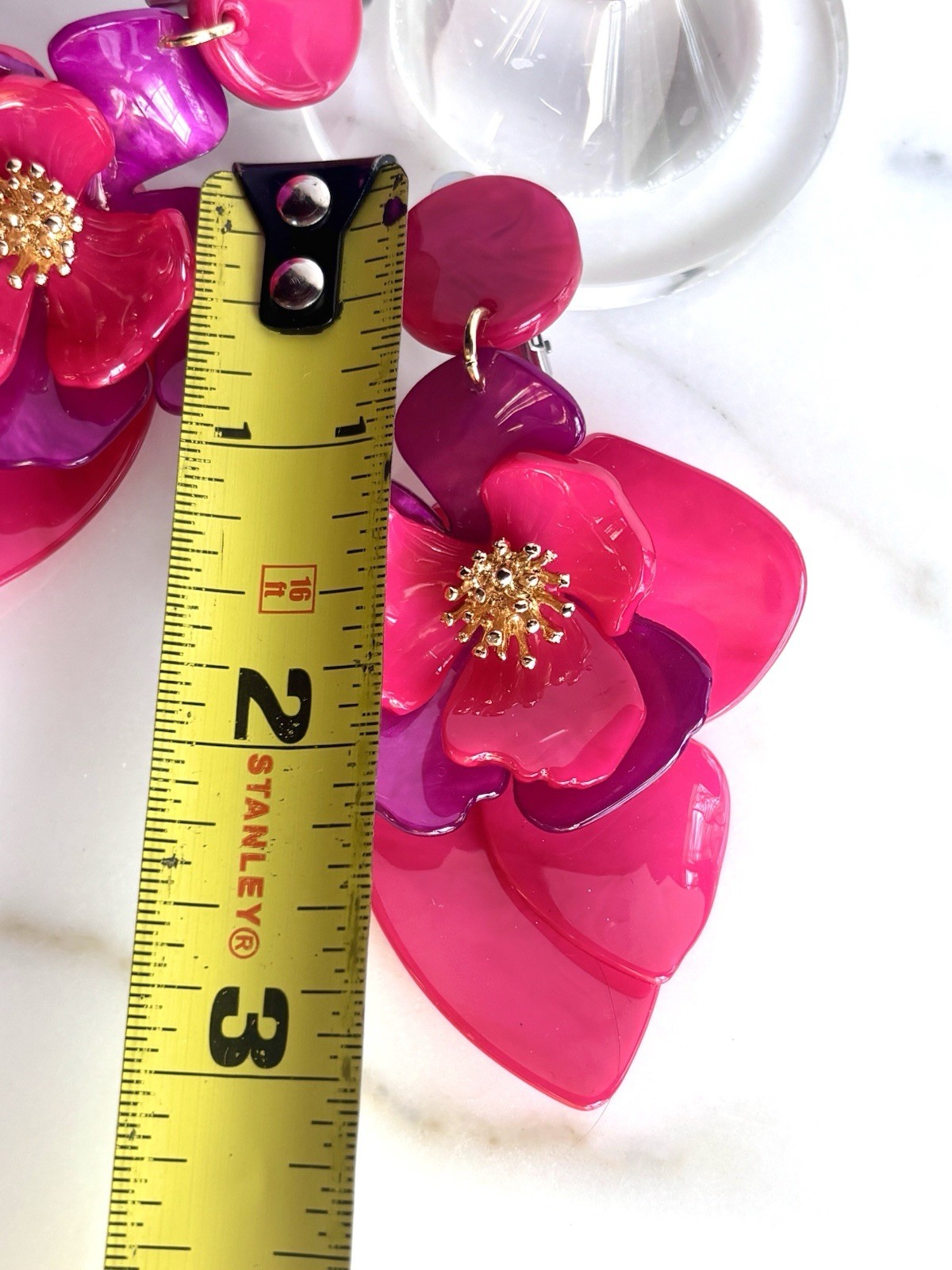 DESIGNER PINK PURPLE RESIN 3 Inch MASSIVE FLOWER BOUQUET CLIP ON EARRINGS NEW