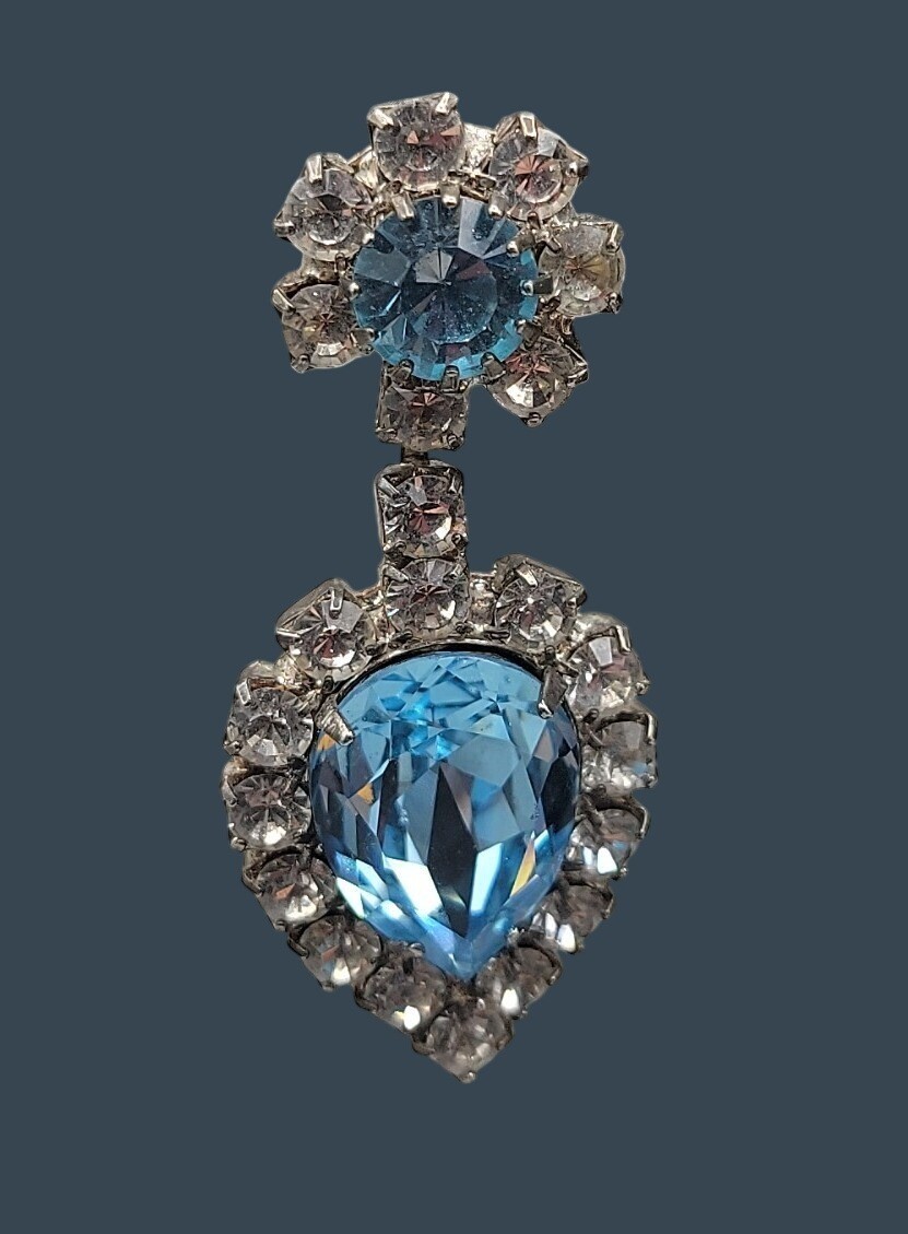 Vintage Art Deco Baby Blue Clear Rhinestone Teardrop Dangle Post Earrings