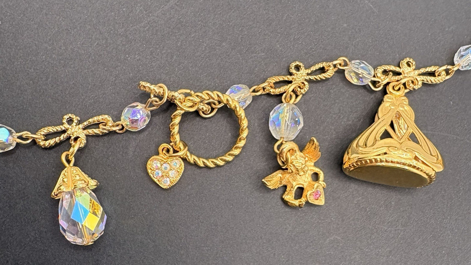 Kirks Folly Charm Necklace Angels Rings Hearts Frog Cat Alligator Crystals RARE