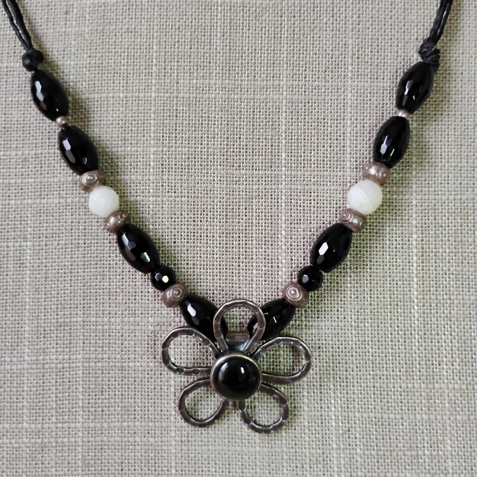 Vtg Flower Necklace 925 Onyx Glass Hemp Cord Tested With Pictures