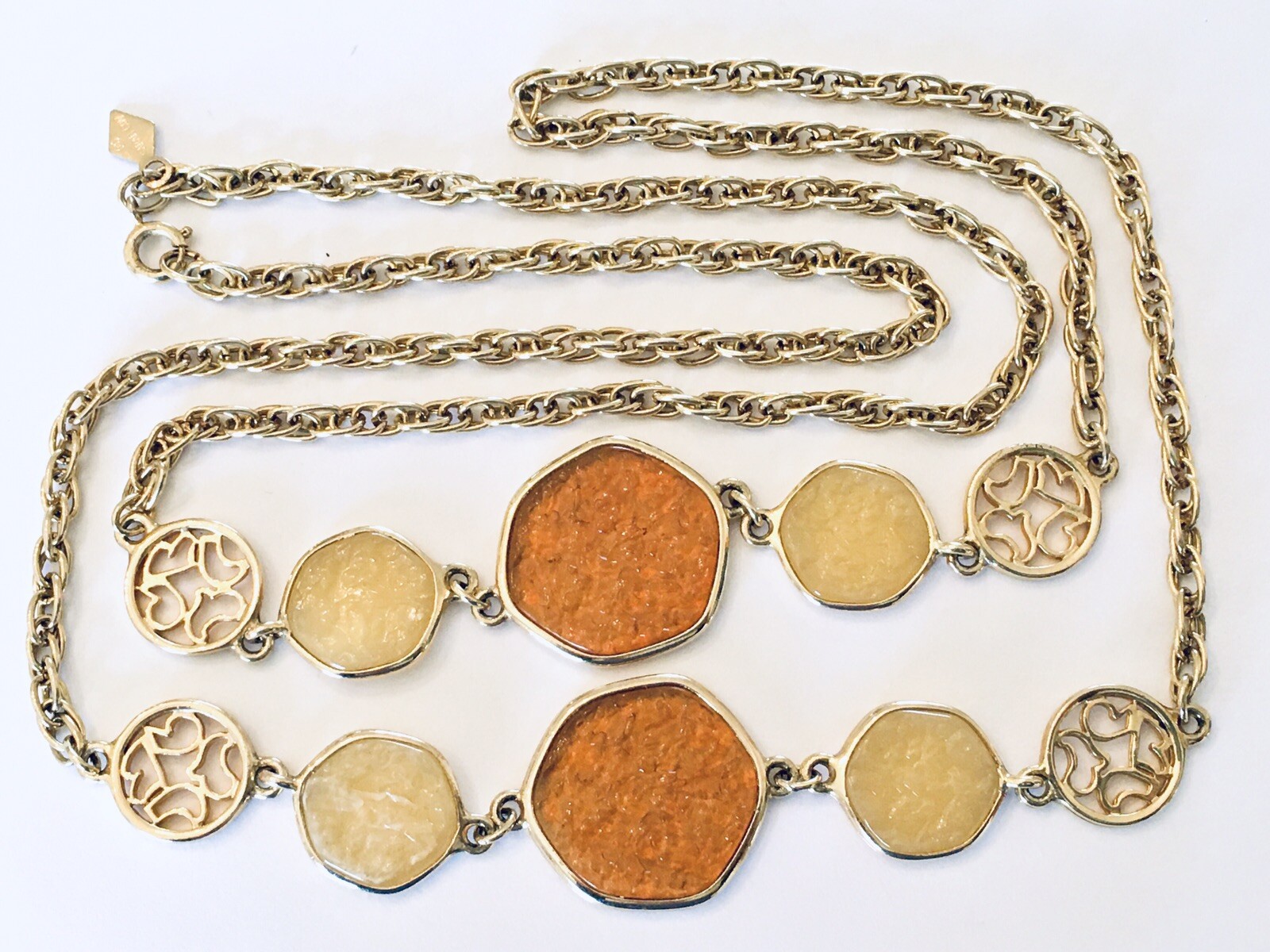 Vintage SARAH COVENTRY ~ TASTE OF HONEY ~ 37” Amber Medallion Link Necklace