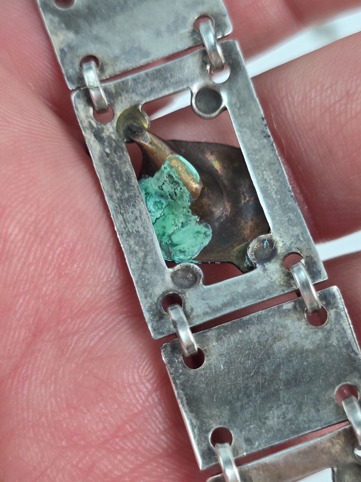 Vintage Sterling Silver & Gold Filled Flower Bud Square Link Bracelet 6.75″