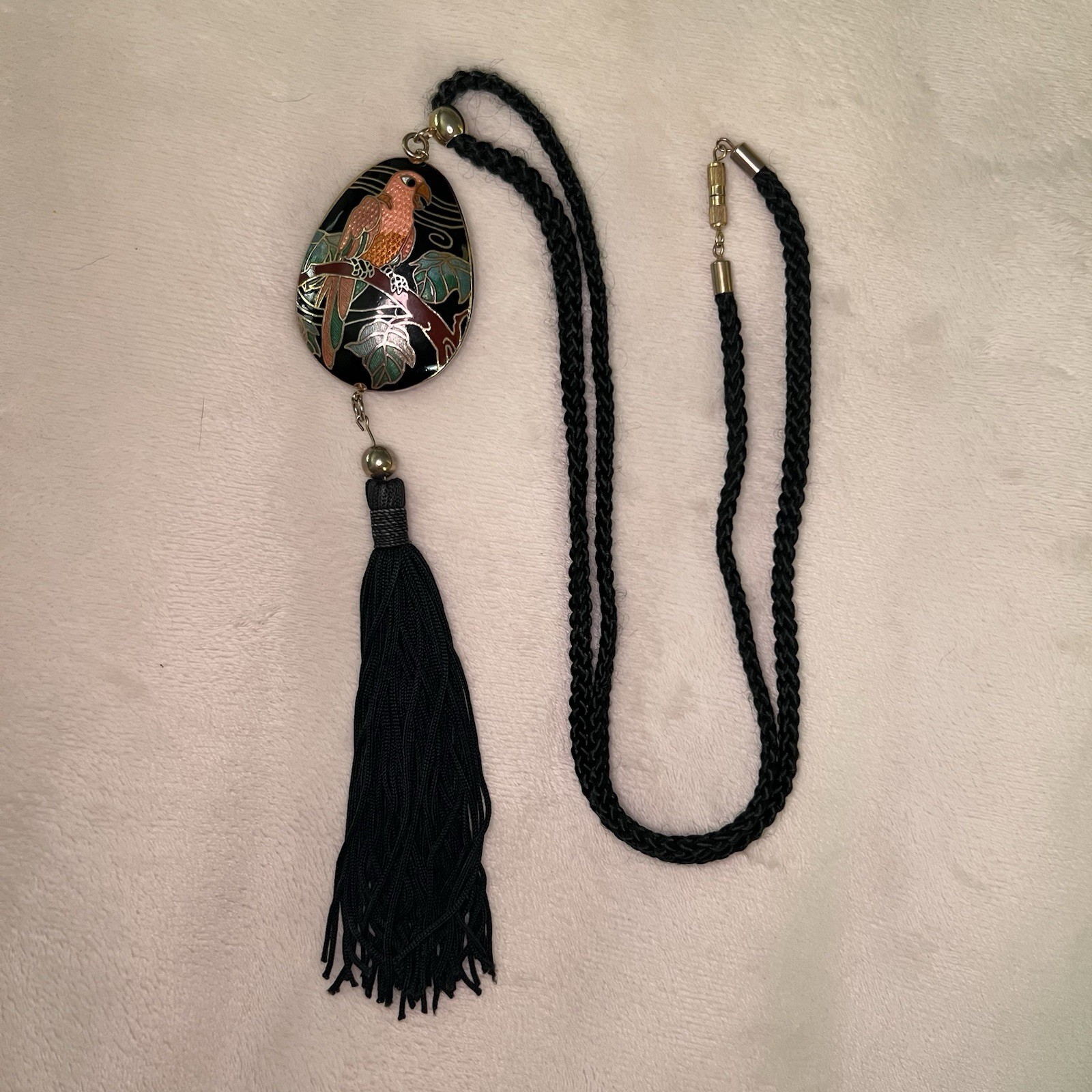 Vintage Cloisonné Parrot Pendant Necklace with Black Tassel