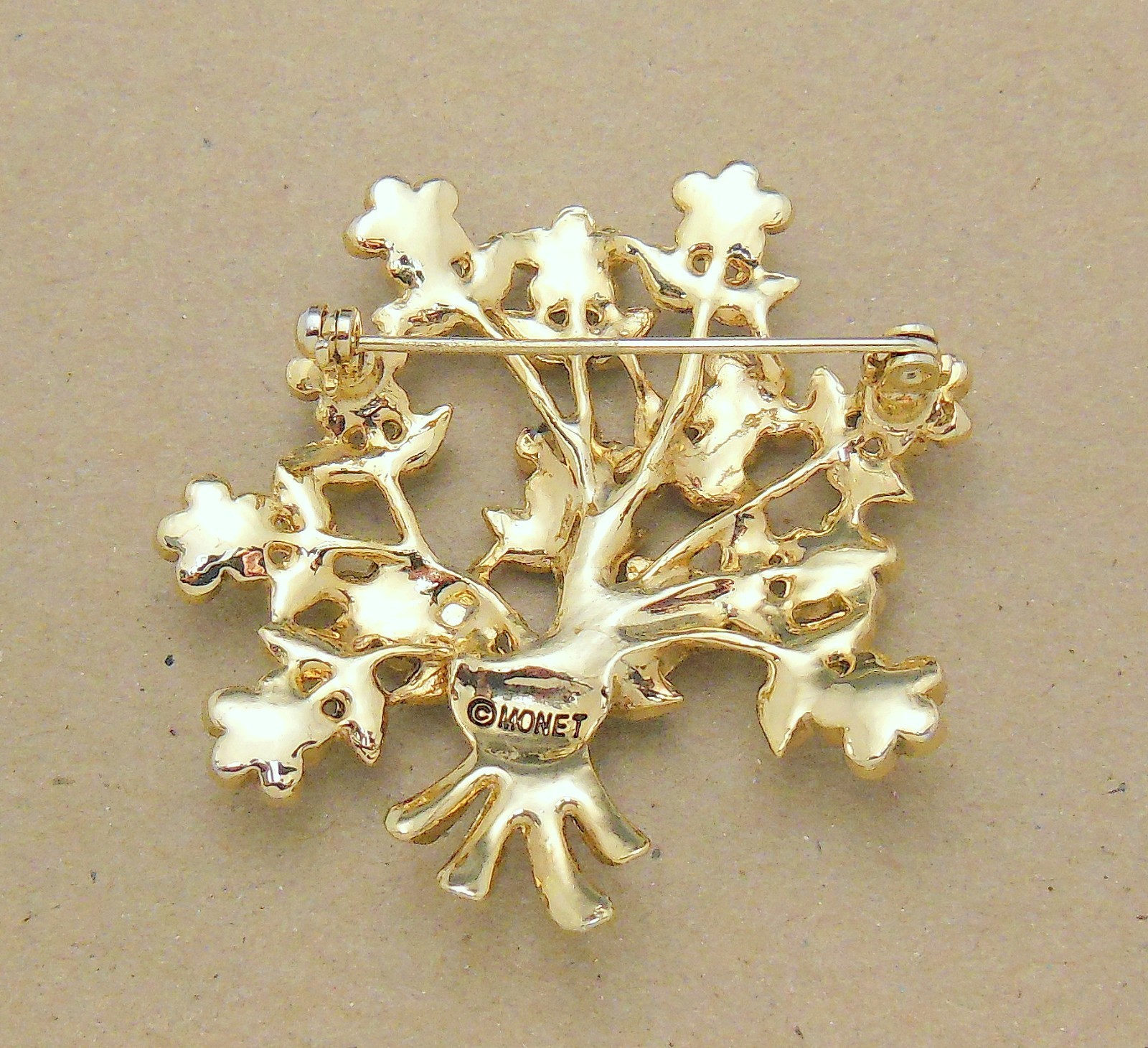 Beautiful Signed MONET Faux Pearl RS Enamel Leaf Flower Sprig Bouquet Brooch Pin