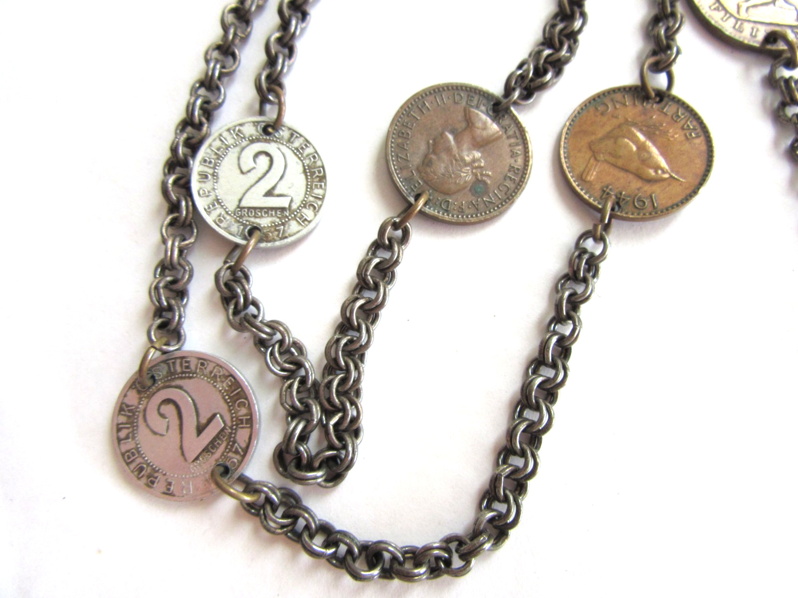 Vintage Travel 1950s Coins stations 54″ long chain necklace with 11 coins
