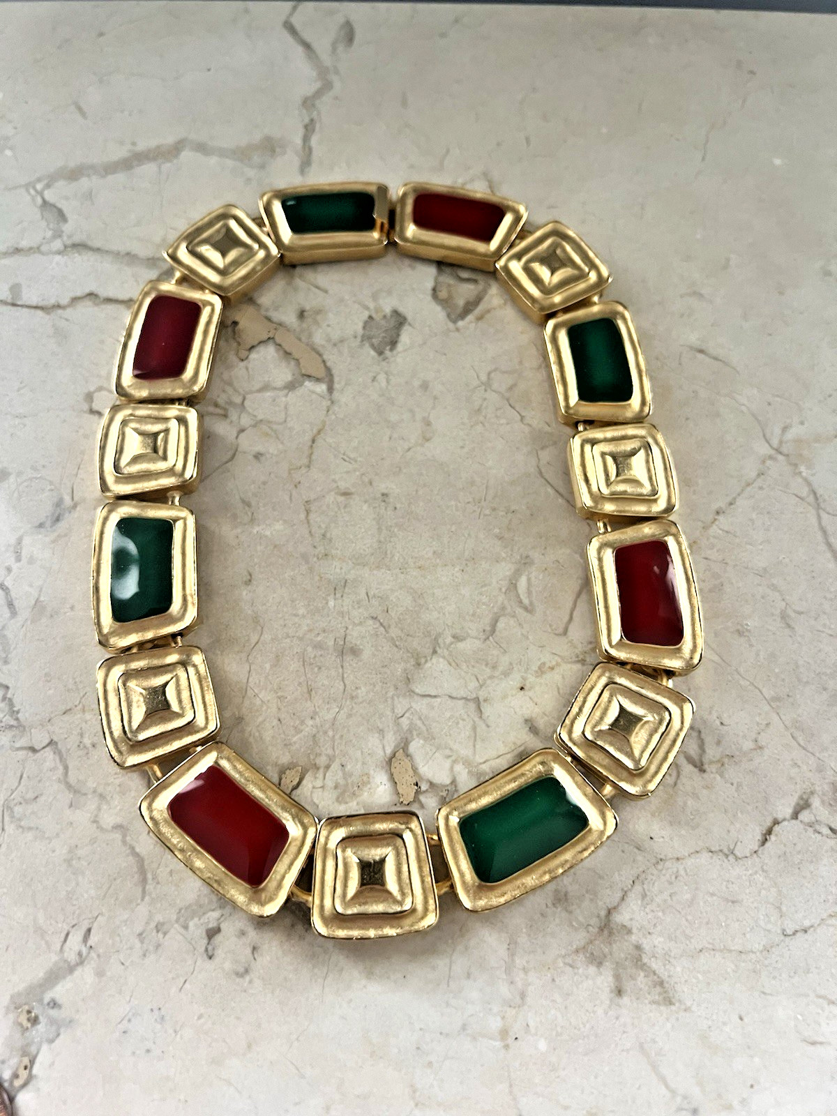 Vintage Green & Red Enamel Panel Chunky Gold Plated Necklace 16 1/2″