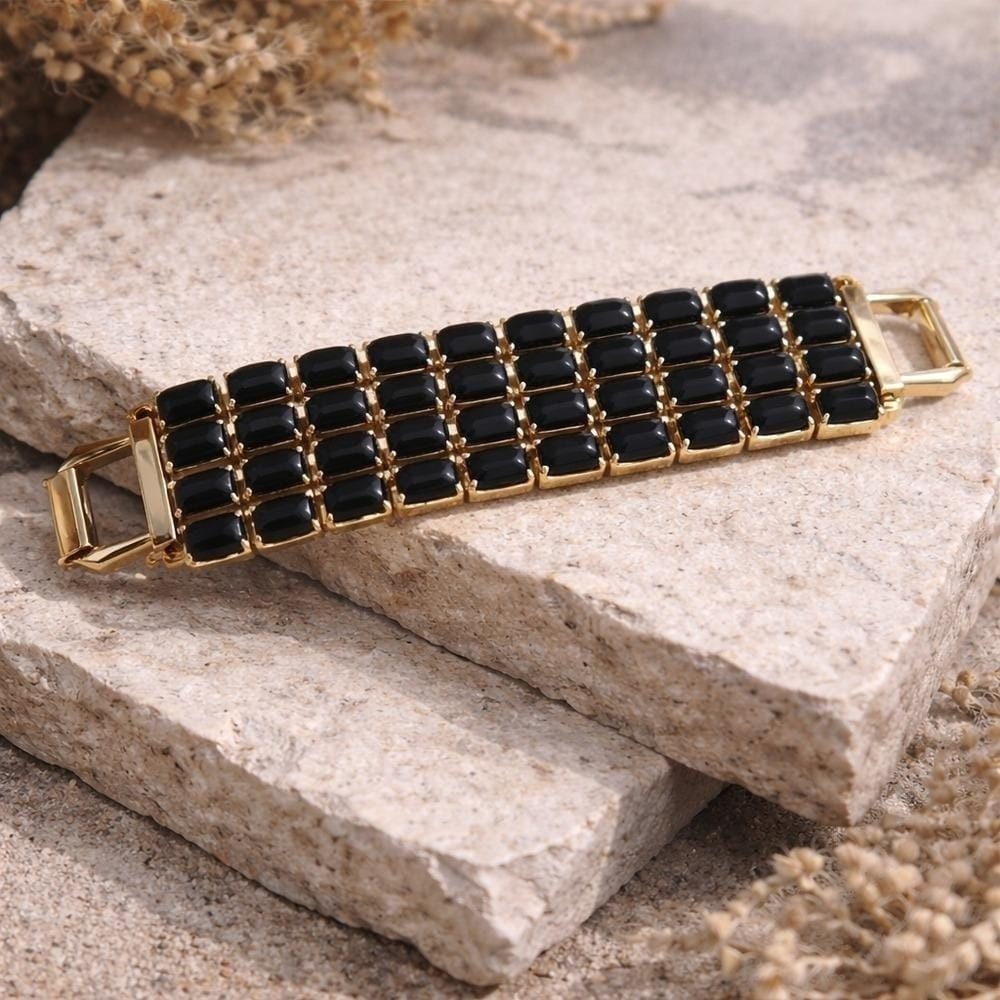 Vintage Black Glass Panel Bracelet Gold Tone Retro Mid Century Costume Jewelry