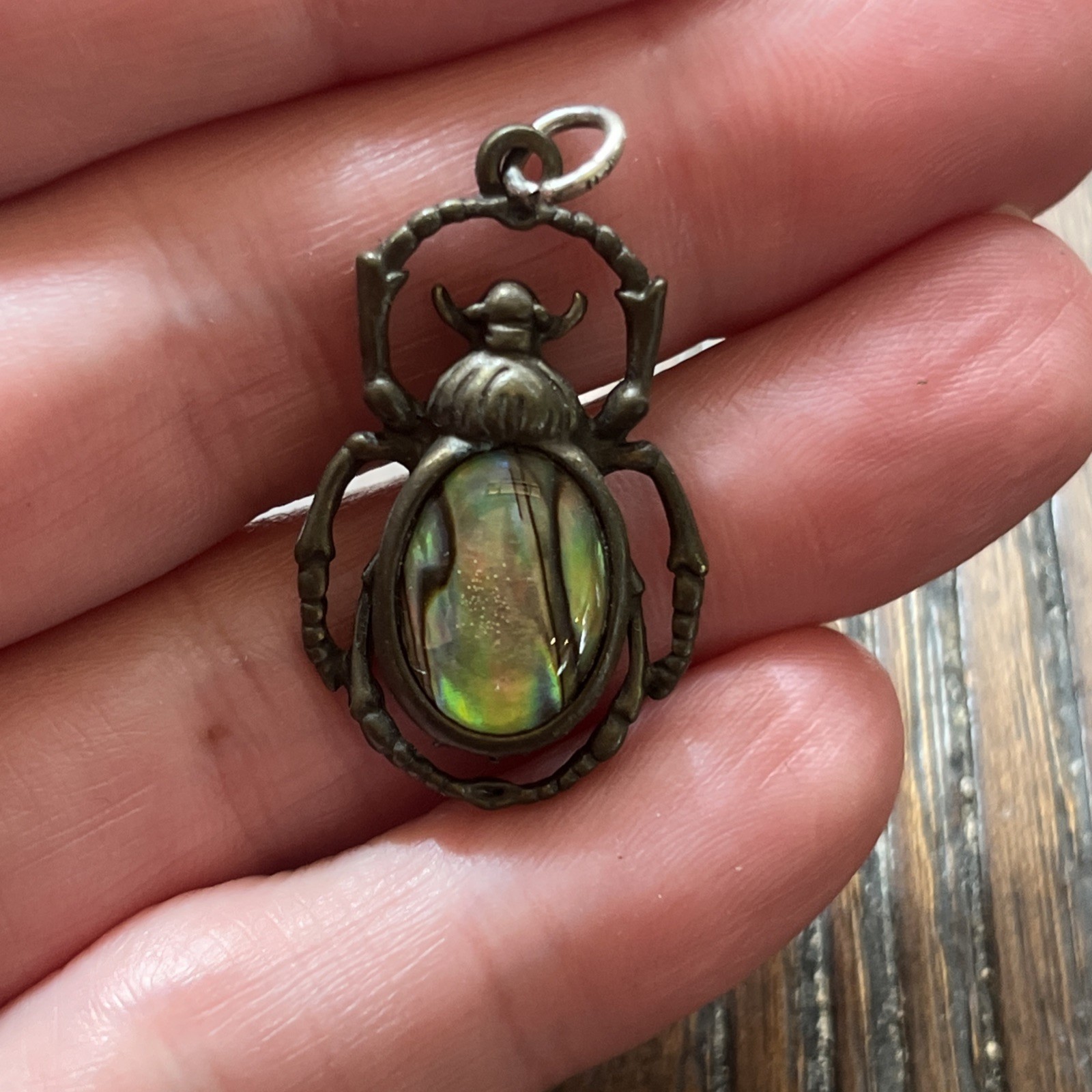 Vtg Spider Beetle Bug Pendant Pendant Charm Abalone Egyptian Scarab Gothic 1.5″