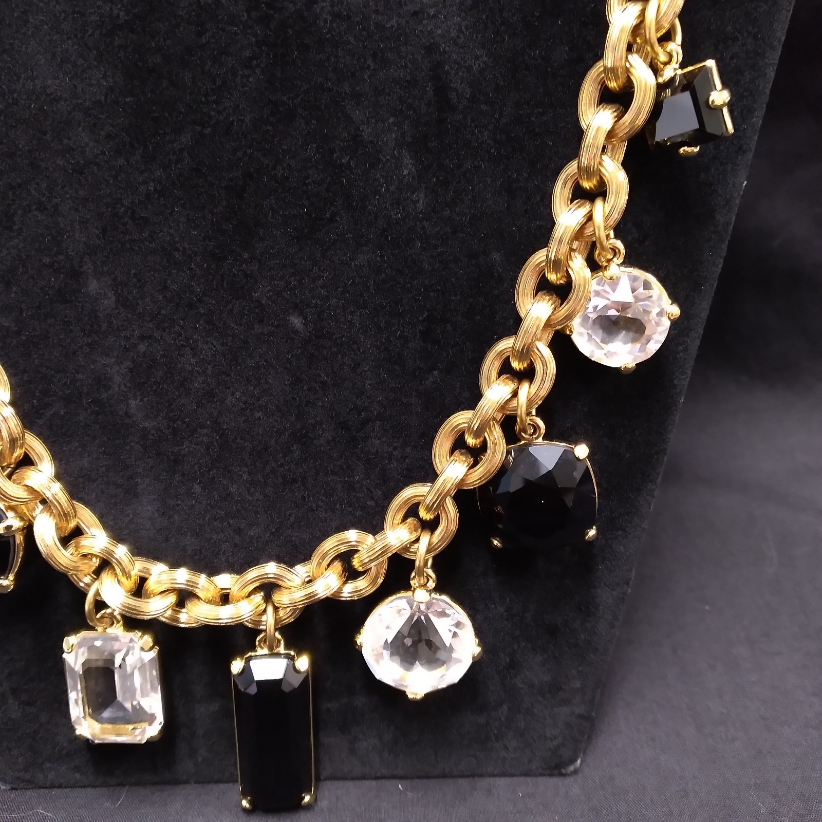 Monet Gold Tone Chunky Necklace with Clear and Black Crystal Charms