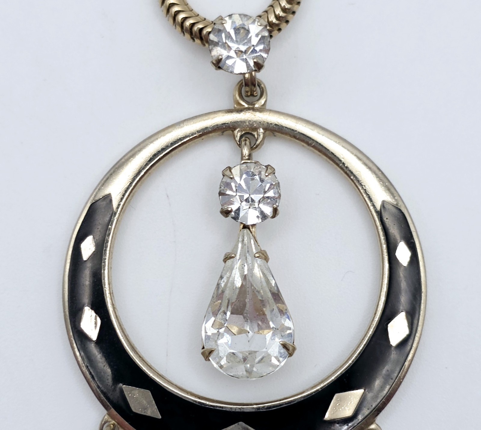 Vintage Art Deco Lavalier Pendant Necklace Gold Tone Black Enamel Crystal 15″