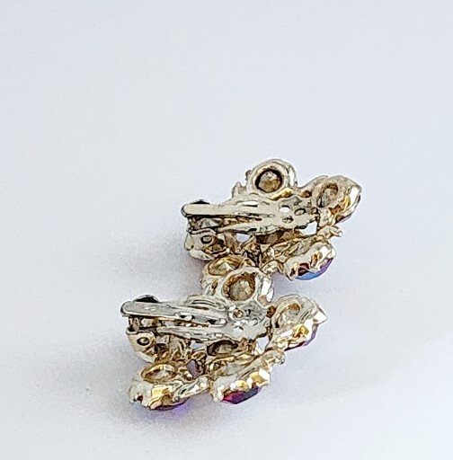 AURORA BOREALIS PURPLE BLUE PINK HUES FLOWER CLIP-ON EARRINGS-1.25″ DIAMETER