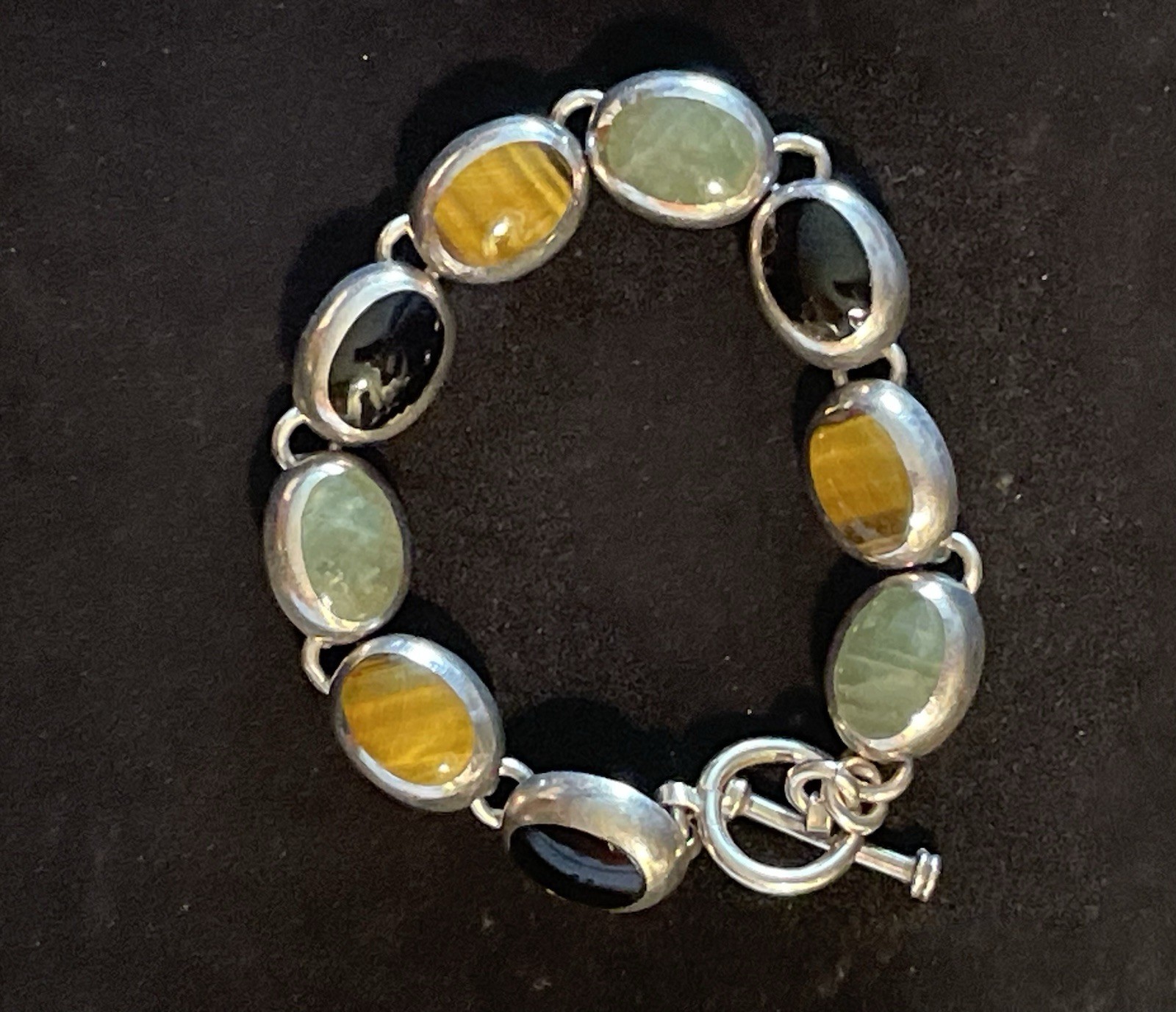 Vintage Taxco Sterling Silver Jade, Tigers Eye & Onyx Chain Link Bracelet. 7”